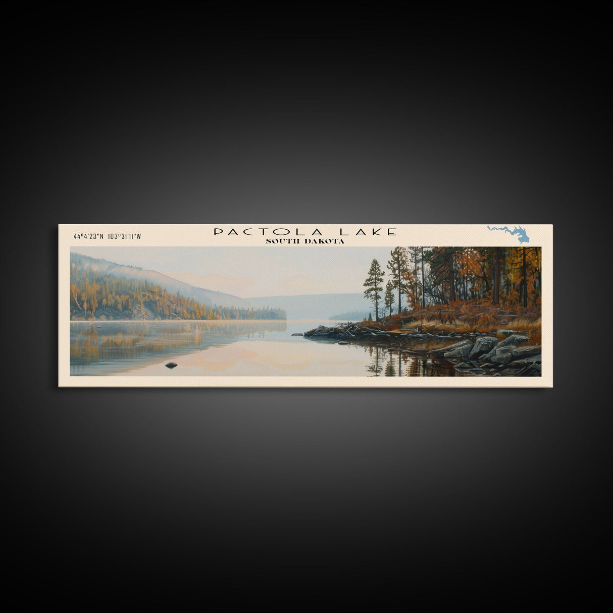 Pactola Lake South Dakota Framed Canvas Print, Lake House Decor, Panoramic Travel Poster, Landscape Painting, Contemporary Art