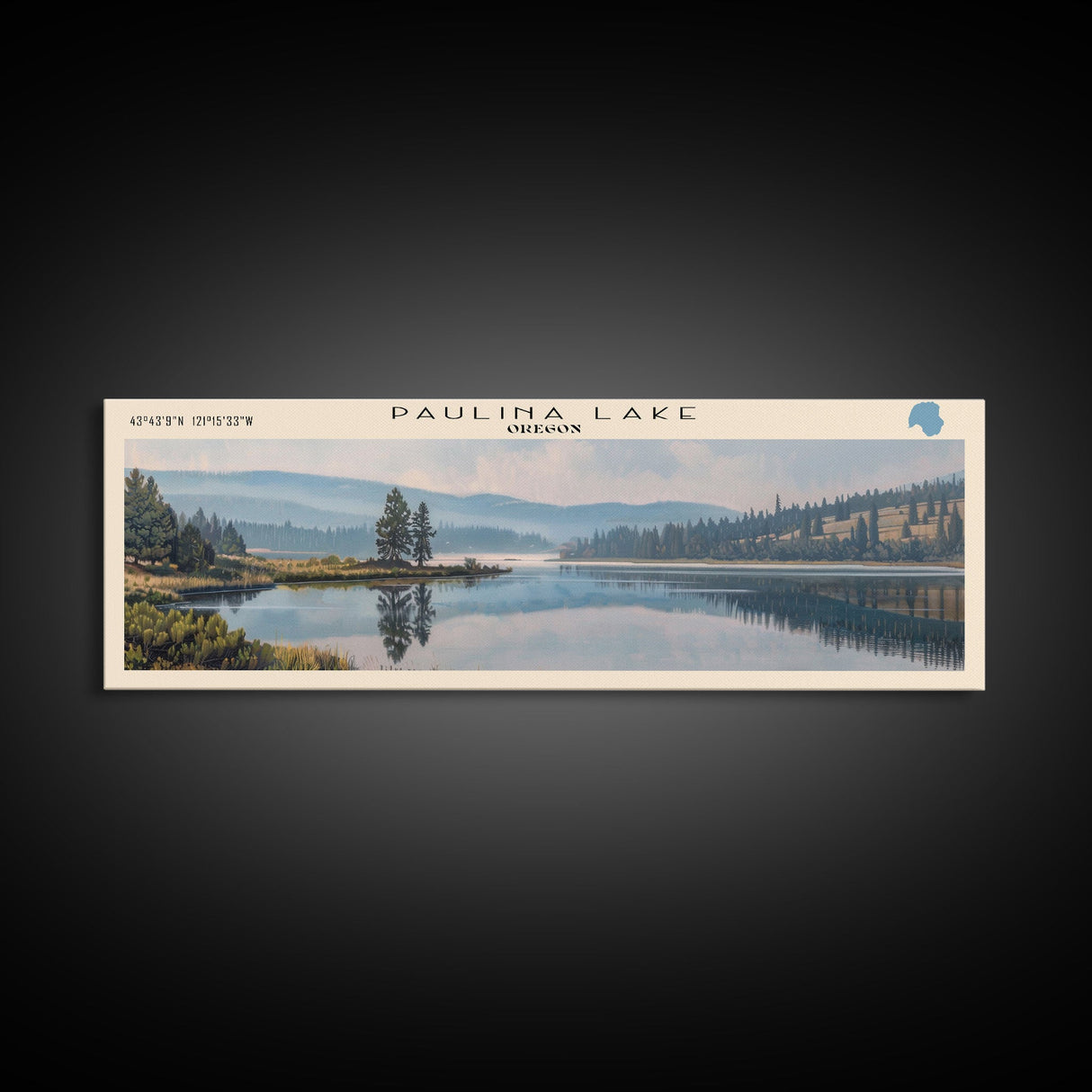 Paulina Lake Oregon Framed Canvas Print, Lake House Decor, Panoramic Travel Poster, Landscape Painting, Bedroom Decor