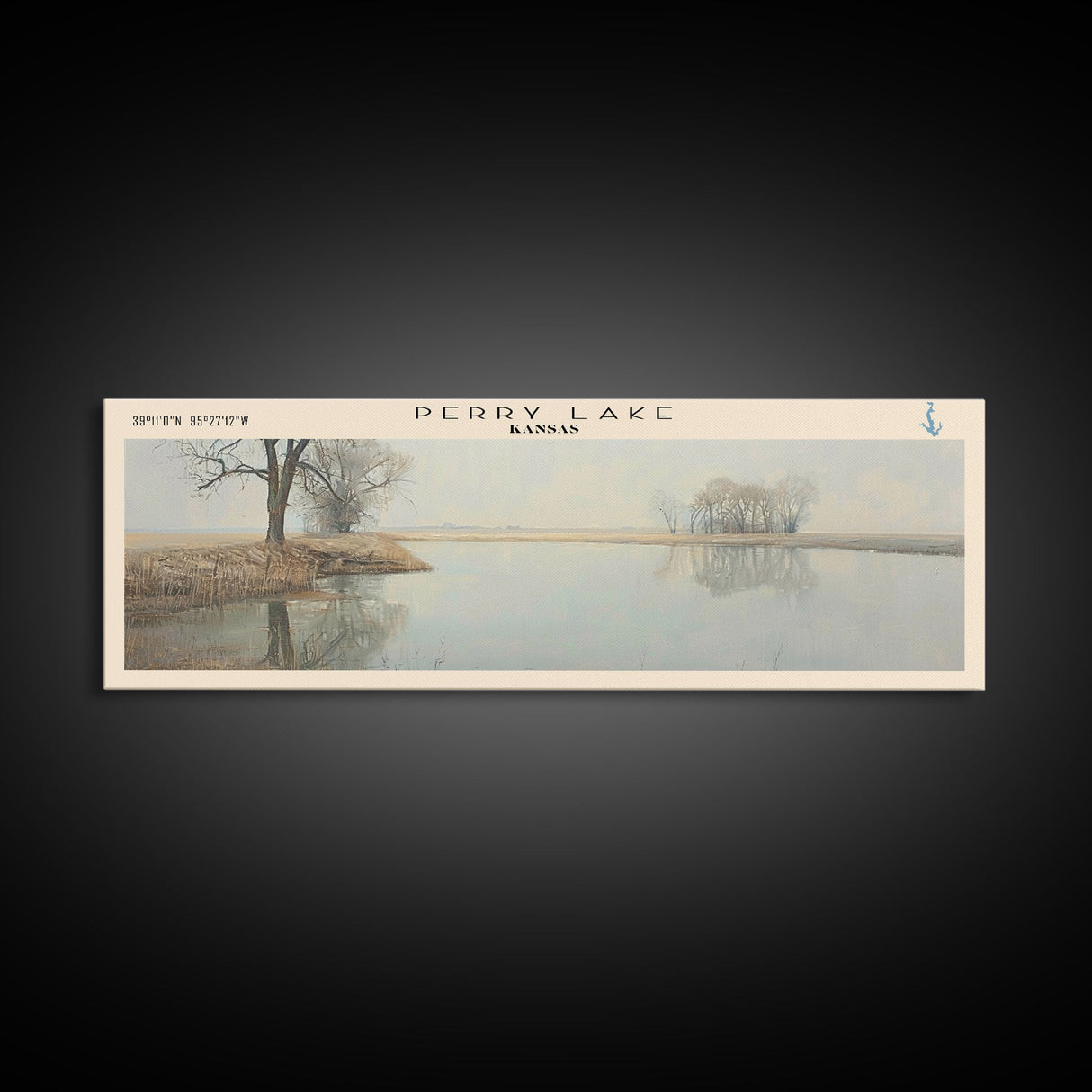 Perry Lake Kansas Framed Canvas Print, Lake House Decor, Panoramic Wall Art, Travel Poster, Beautiful Landscape Painting, Living Room Decor