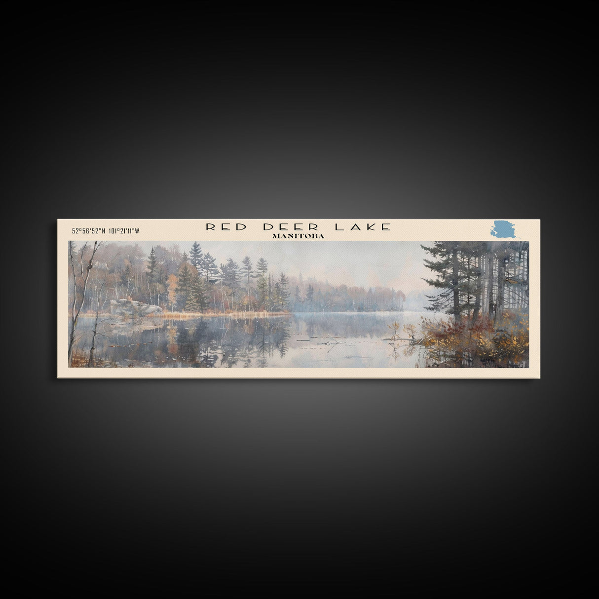 Red Deer Lake Framed Canvas Print, Lake House Decor, Panoramic Wall Art, Travel Poster, Beautiful Landscape Painting, Contemporary Art