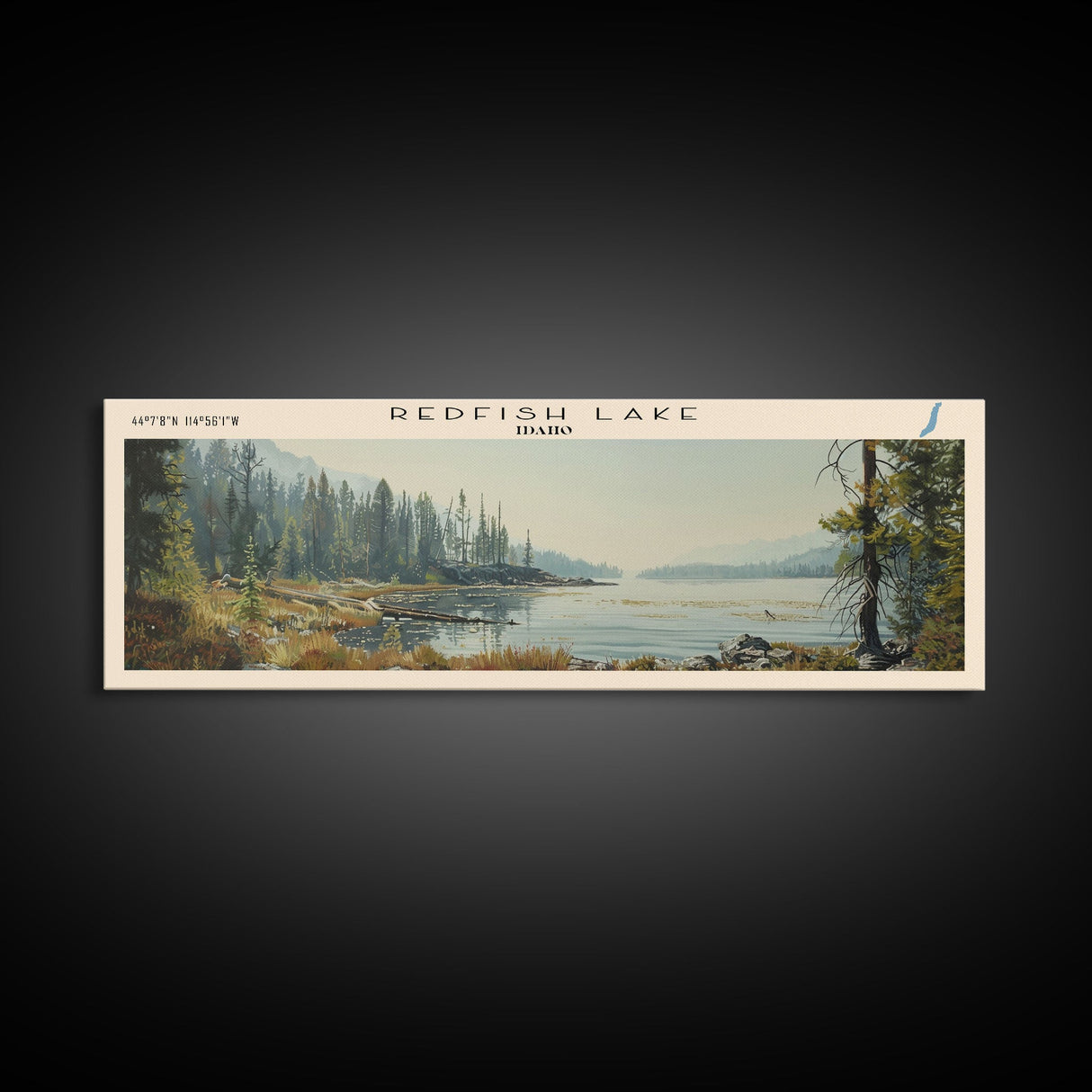 Redfish Lake Idaho Framed Canvas Print, Lake House Decor, Panoramic Wall Art, Travel Poster, Beautiful Landscape Painting, Living Room Decor