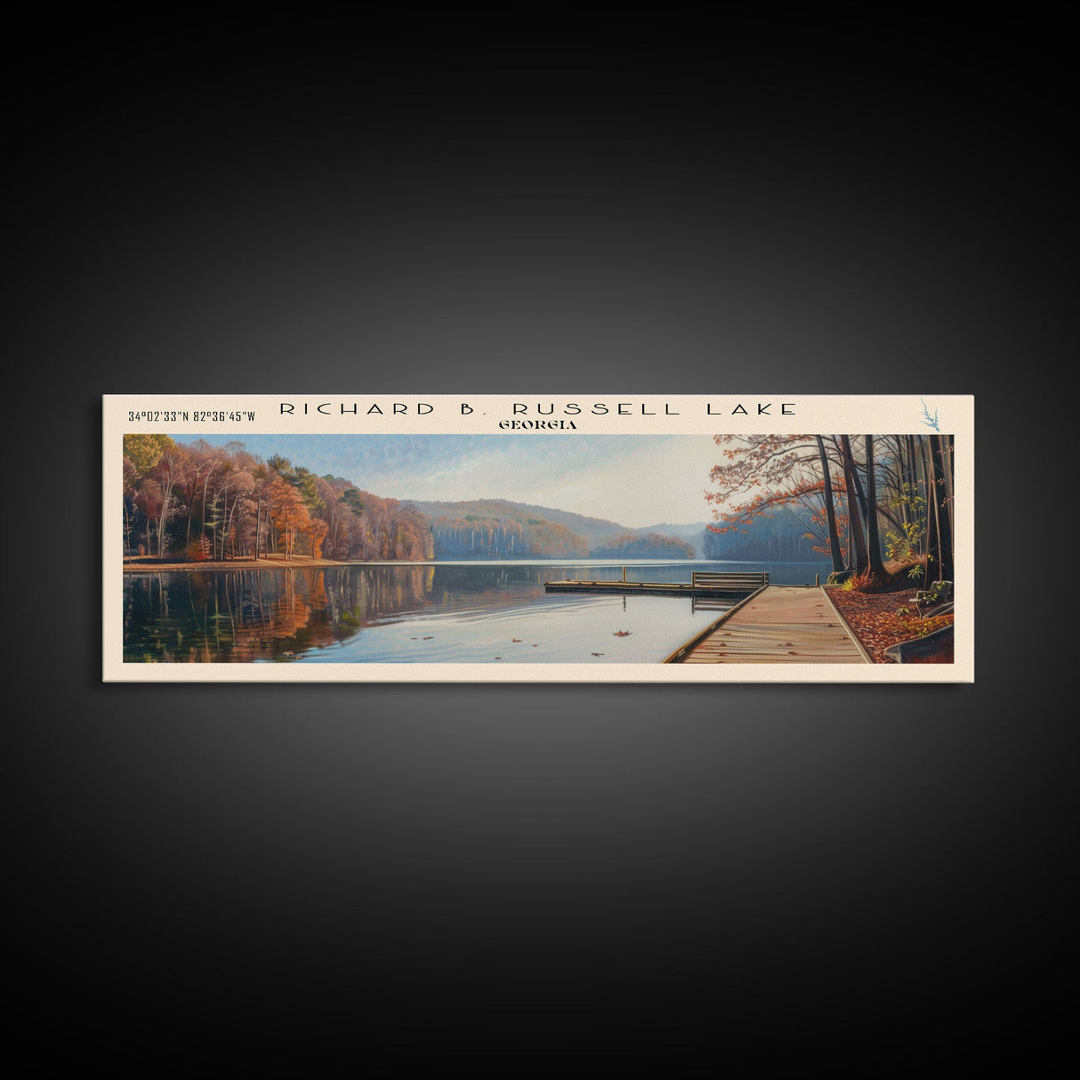 Richard B. Russell Lake Georgia Framed Canvas Print, Lake House Decor, Wall Art, Panoramic Travel Poster, Scenic Landscape Painting, Bedroom Decor