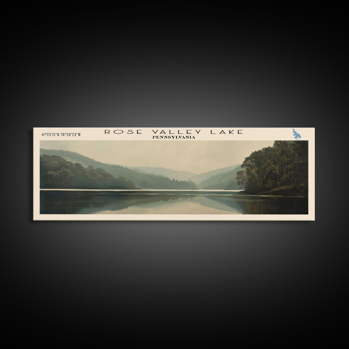 Rose Valley Lake Pennsylvania Framed Canvas Print, Lake House Decor, Panoramic Wall Art, Travel Poster, Beautiful Landscape Painting, Contemporary Art