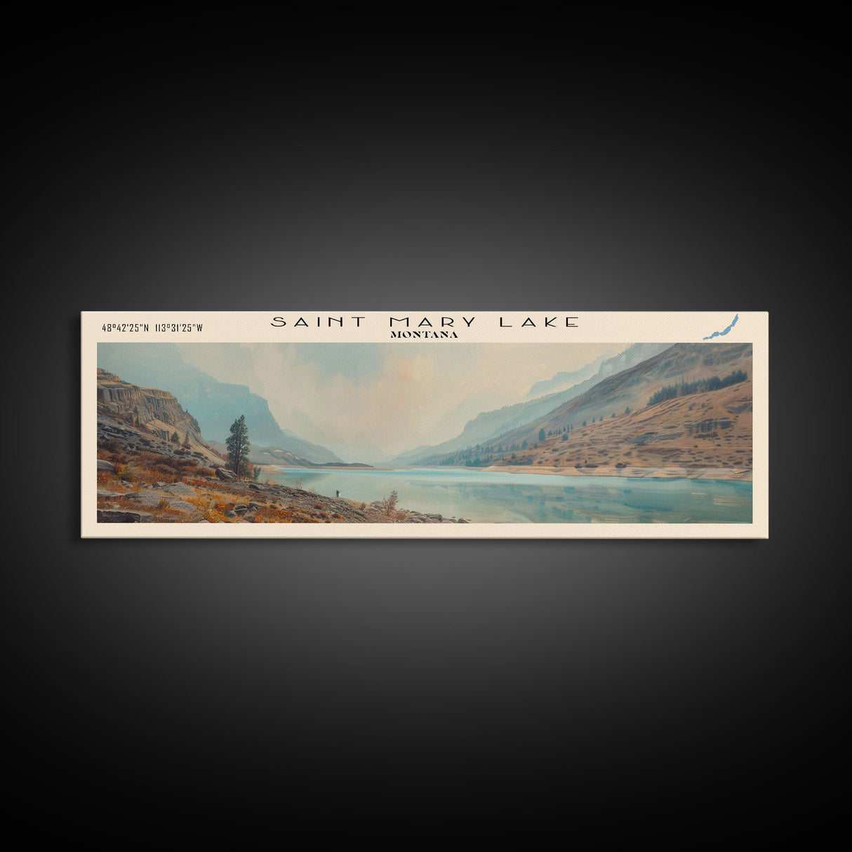 Saint Mary Lake Montana Framed Canvas Print, Lake House Decor, Panoramic Wall Art, Travel Poster, Scenic Lake Painting, Living Room Decor