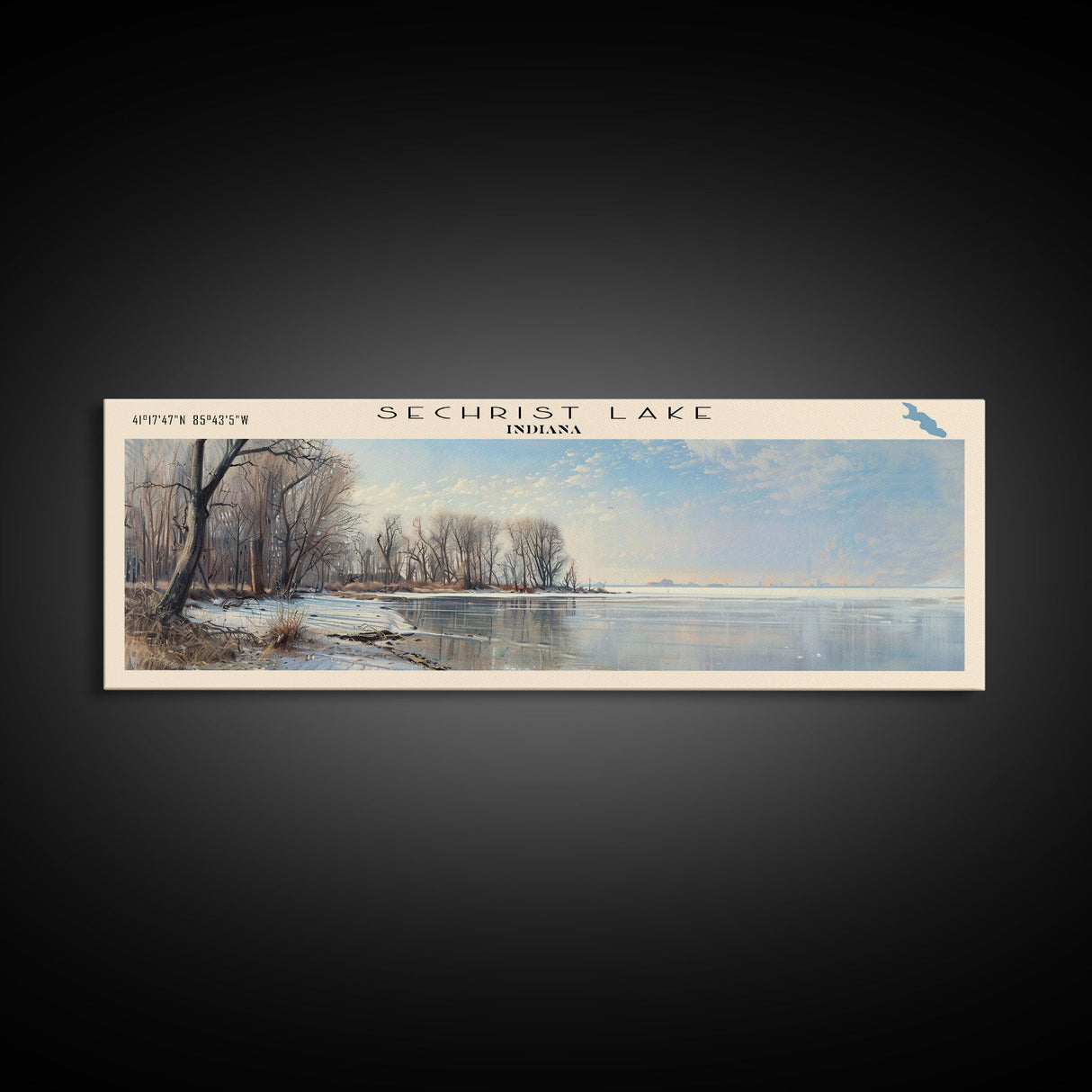 Sechrist Lake Indiana Framed Canvas Print, Lake House Decor, Panoramic Wall Art, Travel Poster, Serene Lake Painting, Bedroom Decor