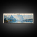 Swiftcurrent Lake Montana Panoramic Wall Art, Framed Canvas Print, Lake House Decor, Travel Poster, Tranquil Landscape, Modern Art, Bedroom Decor