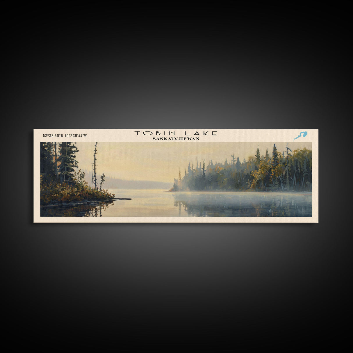 Tobin Lake Panoramic Wall Art, Framed Canvas Print, Lake House Decor, Travel Poster, Serene Landscape, Living Room Decor