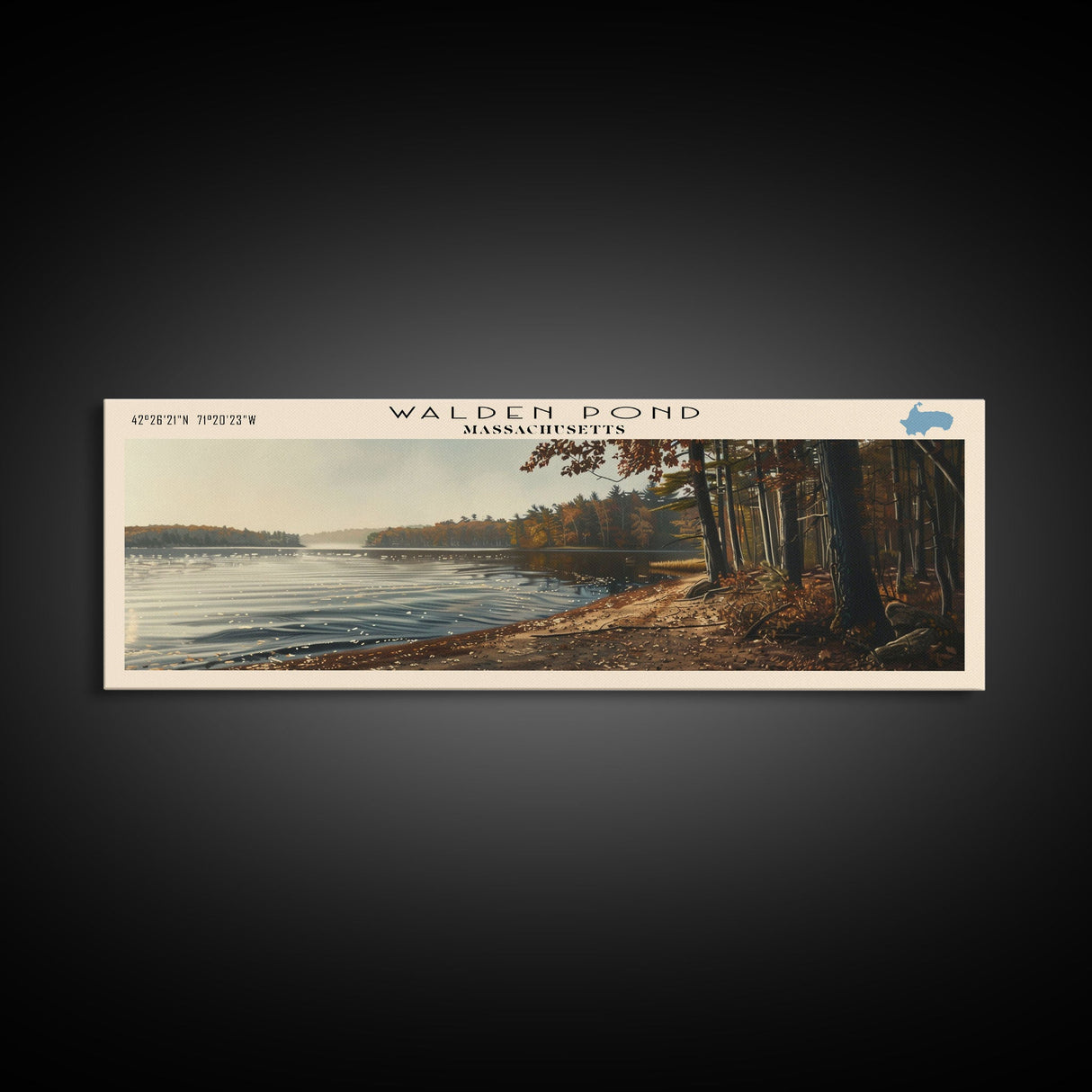 Walden Pond Massachusetts Panoramic Wall Art, Framed Canvas Print, Lake House Decor, Travel Poster, Scenic Lake Scene, Bedroom Decor