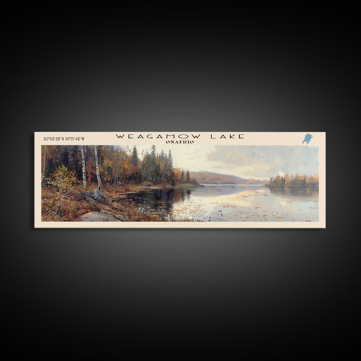 Weagamow Lake Panoramic Wall Art, Framed Canvas Print, Lake House Decor, Travel Poster, Scenic Lake Scene, Living Room Art