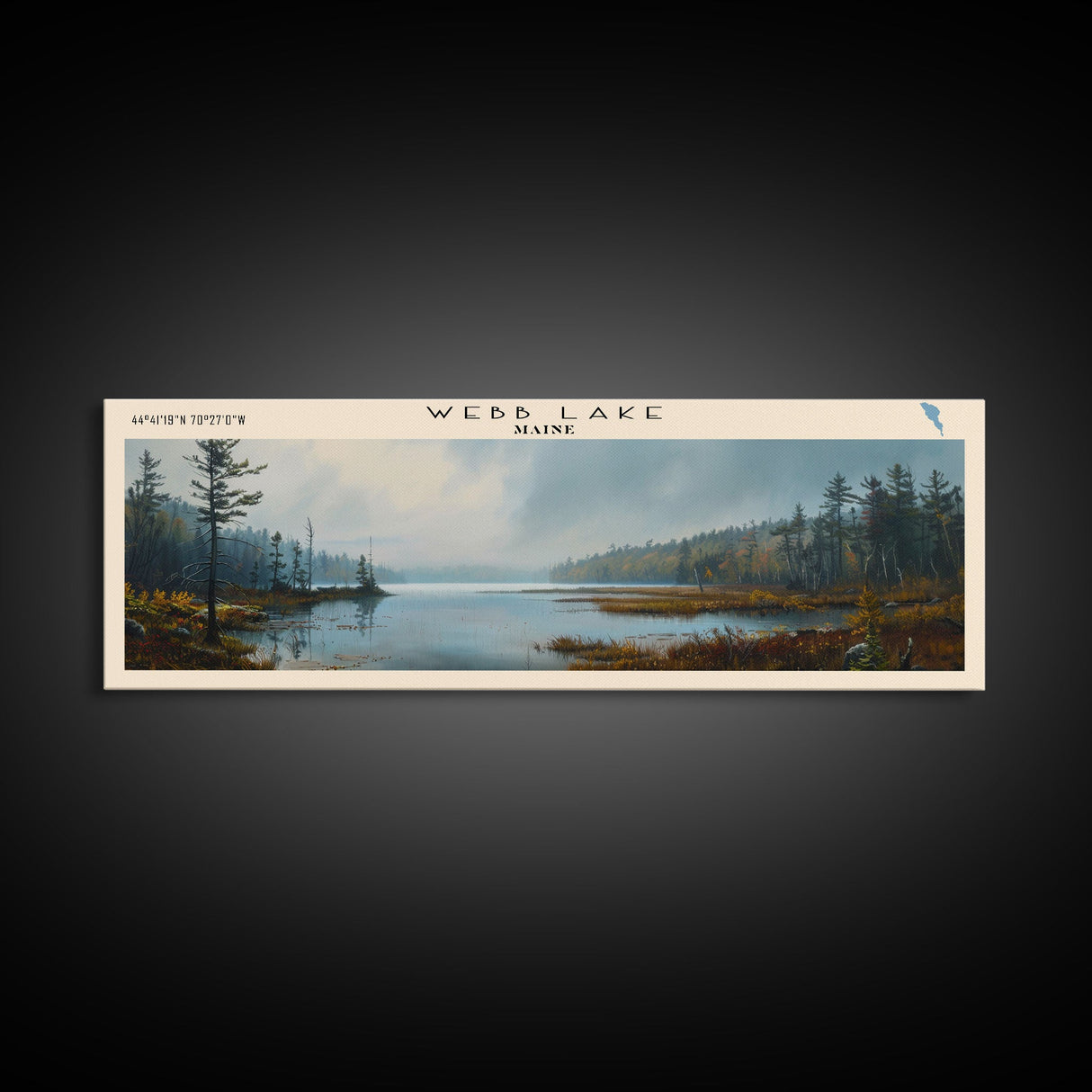 Webb Lake Maine Panoramic Wall Art, Framed Canvas Print, Lake House Decor, Travel Poster, Beautiful Lake Scene, Bedroom Decor