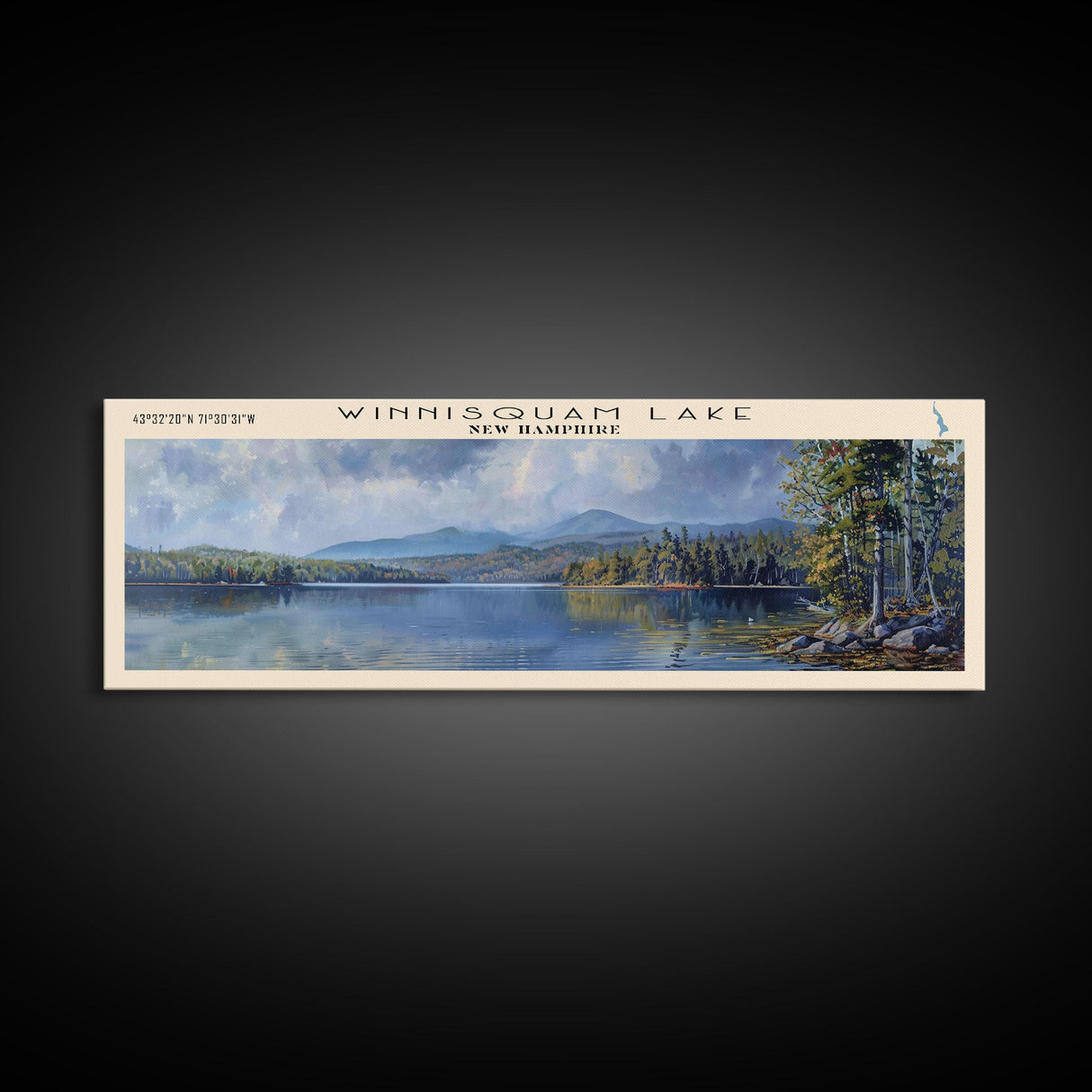 Winnisquam Lake New Hampshire Panoramic Wall Art, Framed Canvas Print, Lake House Decor, Travel Poster, Beautiful Lake Scene, Living Room Art