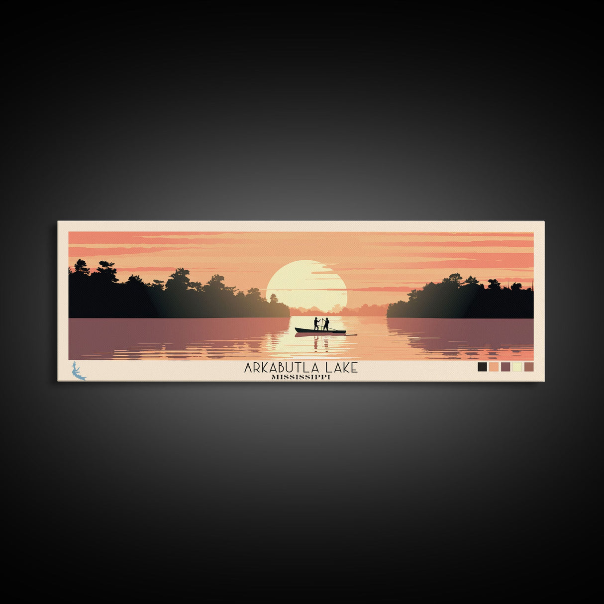 Arkabutla Lake Mississippi Framed Canvas Print, Panoramic Wall Art, Midcentury Modern, Pop Art, Travel Poster, Scenic Lake House Art