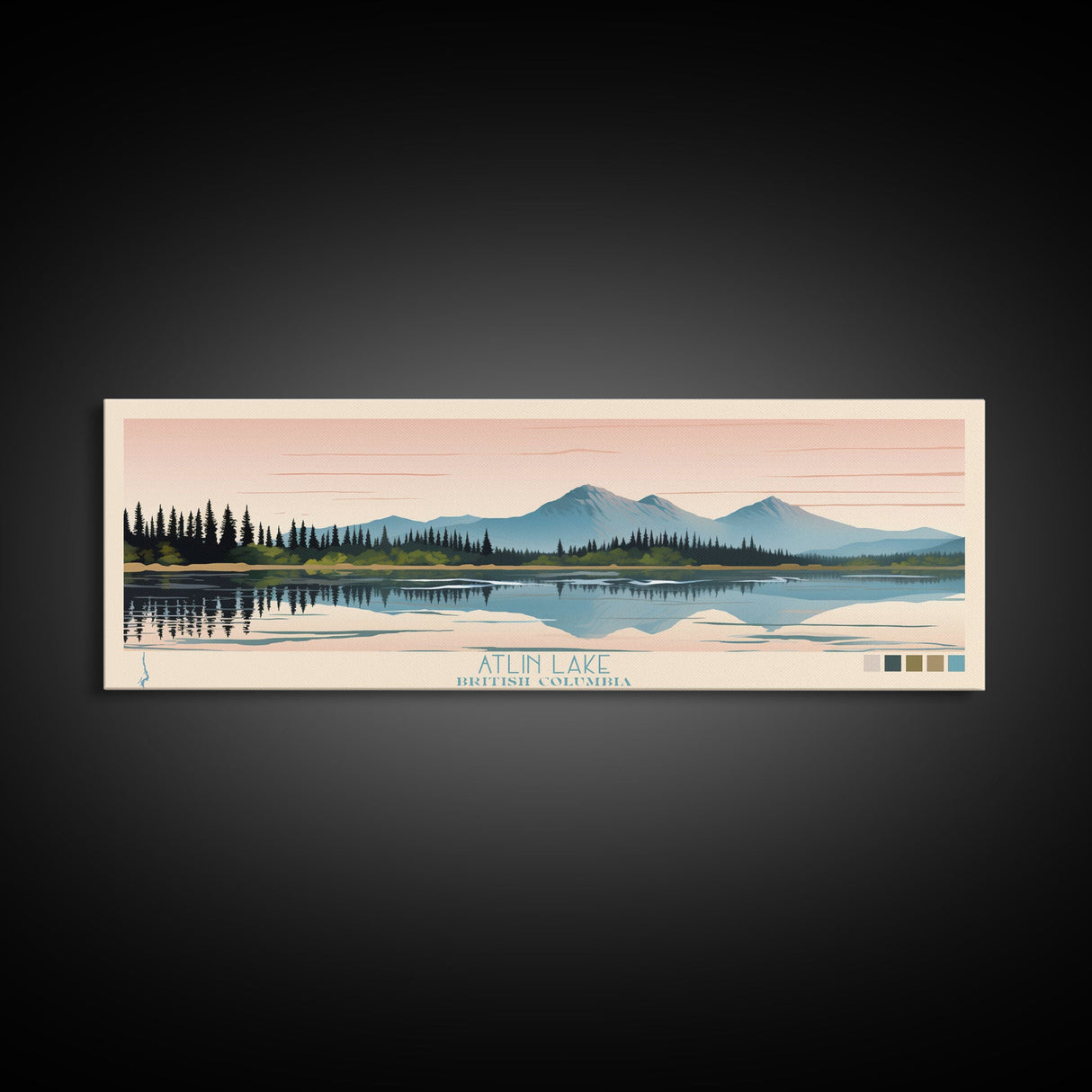 Atlin Lake British Columbia Framed Canvas Print, Panoramic Travel Poster, Midcentury Modern Wall Art, Pop Art, Bedroom Decor