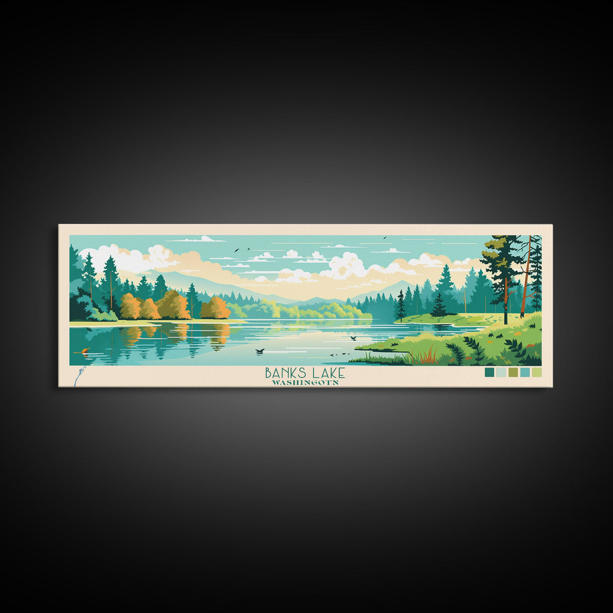 Banks Lake Washington Framed Canvas Print, Panoramic Wall Art, Midcentury Modern, Pop Art, Travel Poster, Scenic Lake House Art