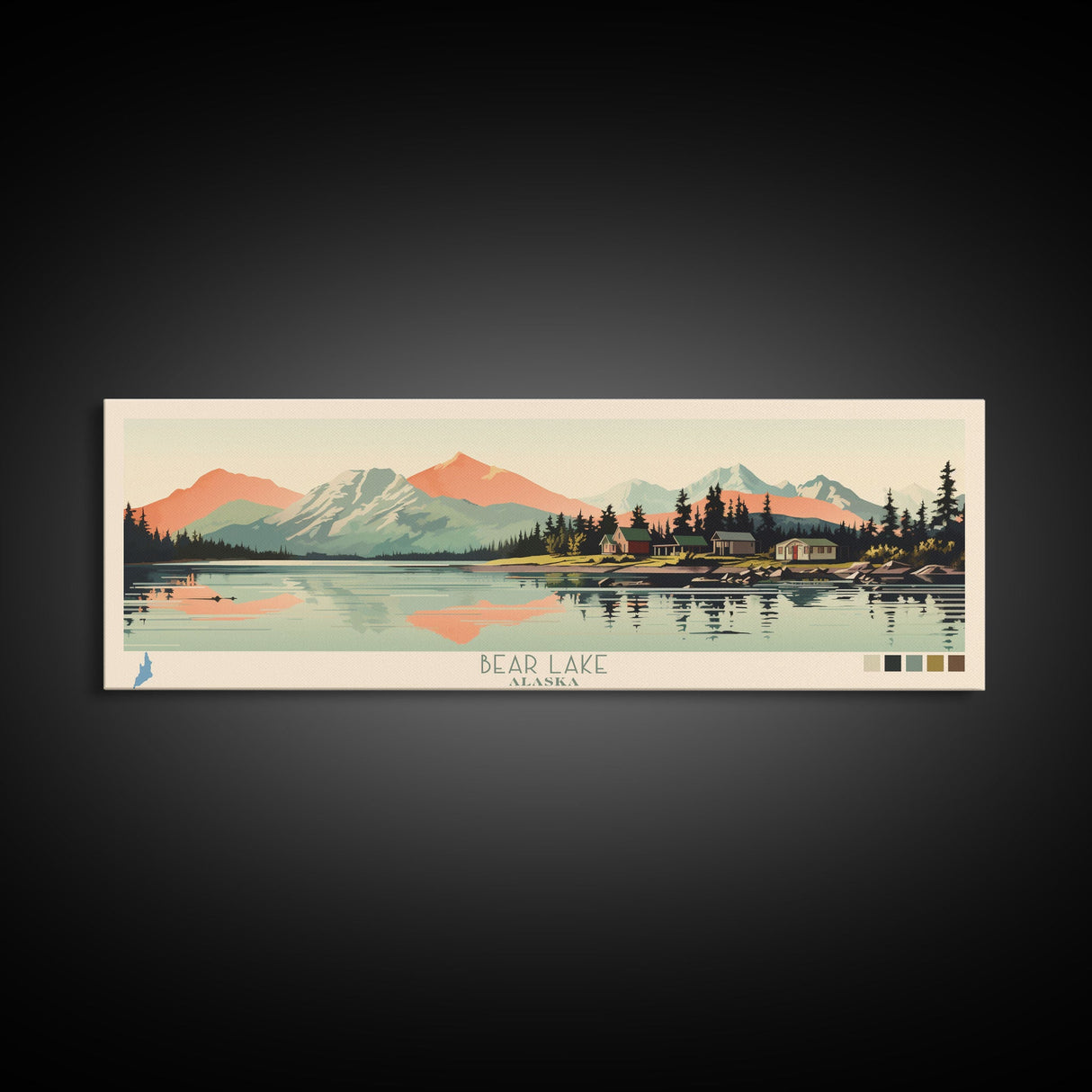 Bear Lake Southwest Alaska Framed Canvas Print, Panoramic Wall Art, Midcentury Modern, Pop Art, Travel Poster, Scenic Bedroom Art, Living Room Decor