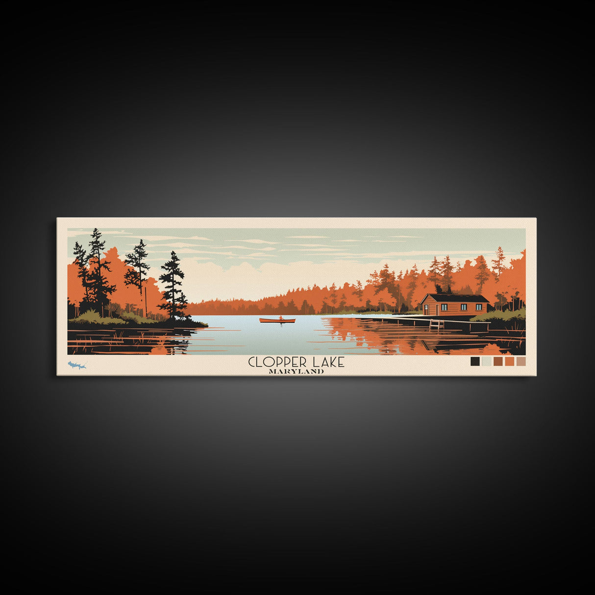 Clopper Lake Maryland Framed Canvas Print, Pop Art Panoramic Travel Poster, Midcentury Modern, Wall Art, Scenic Nature Painting, Bedroom Decor, Living Room Art