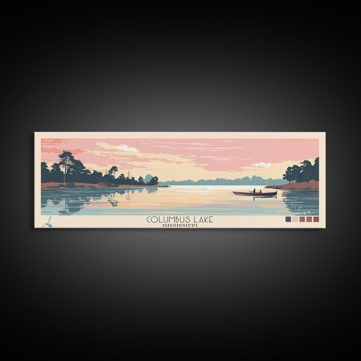 Columbus Lake Mississippi Framed Canvas Print, Midcentury Modern Panoramic Wall Art, Living Room Decor, Pop Art, Travel Poster Art, Scenic Nature Painting