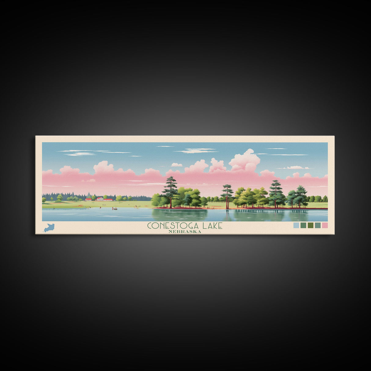 Conestoga Lake Nebraska Framed Canvas Print, Pop Art Panoramic Travel Poster, Midcentury Modern, Wall Art, Scenic Nature Painting, Bedroom Decor, Living Room Art