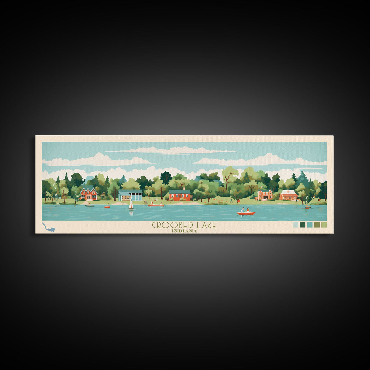 Crooked Lake Indiana Framed Canvas Print, Midcentury Modern Panoramic Wall Art, Living Room Decor, Pop Art, Travel Poster Art, Scenic Nature Painting, Lake House Decor