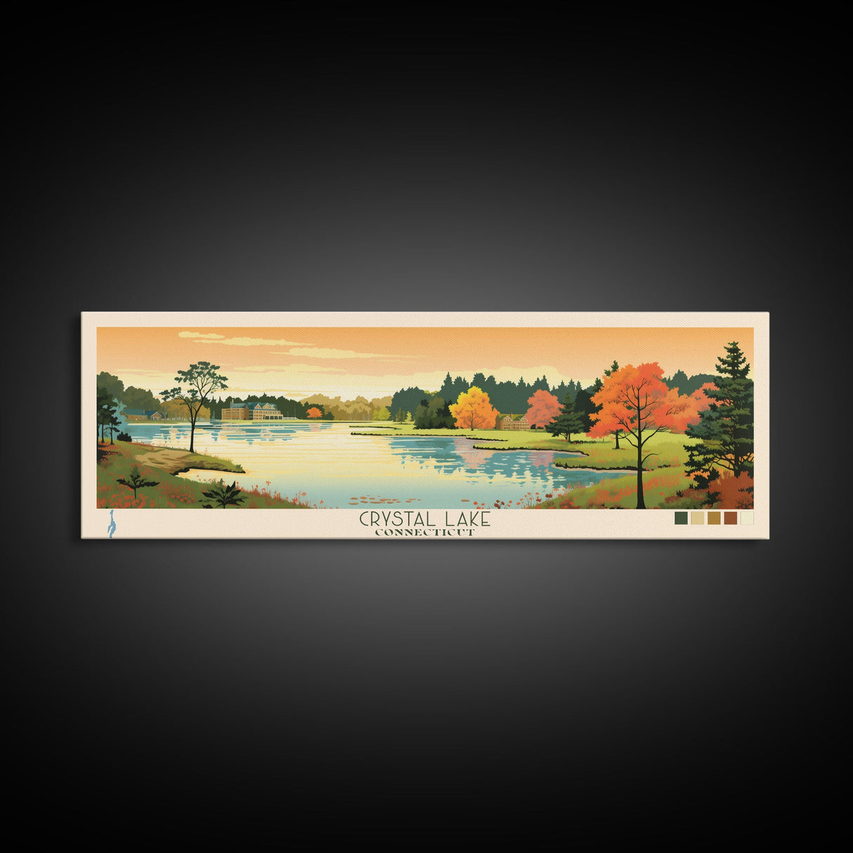 Crystal Lake Connecticut Framed Canvas Print, Pop Art Panoramic Travel Poster, Midcentury Modern, Wall Art, Scenic Nature Painting, Bedroom Decor, Living Room Art