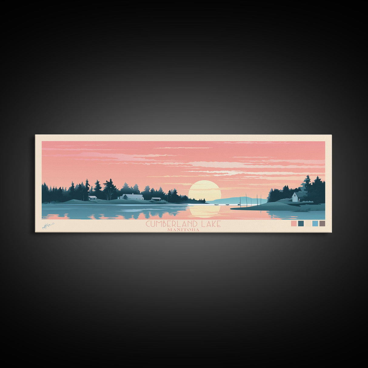 Cumberland Lake Manitoba Framed Canvas Print, Midcentury Modern Panoramic Wall Art, Living Room Decor, Pop Art, Travel Poster Art, Scenic Nature Painting