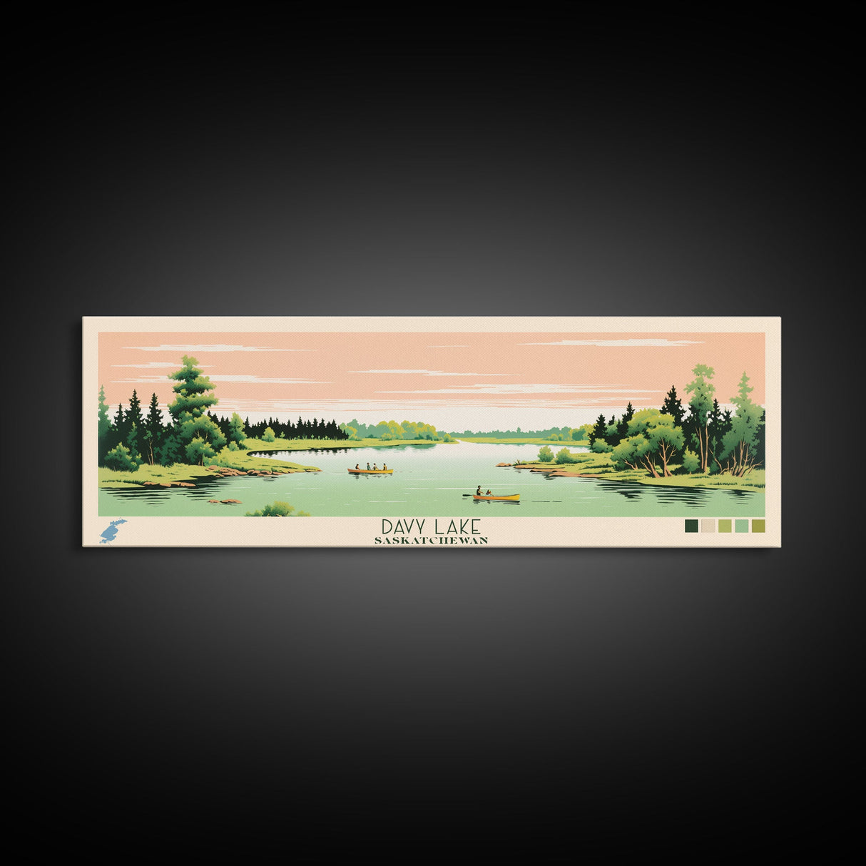 Davy Lake Saskatchewan Framed Canvas Print, Midcentury Modern Panoramic Wall Art, Living Room Decor, Pop Art, Travel Poster Art, Scenic Nature Painting