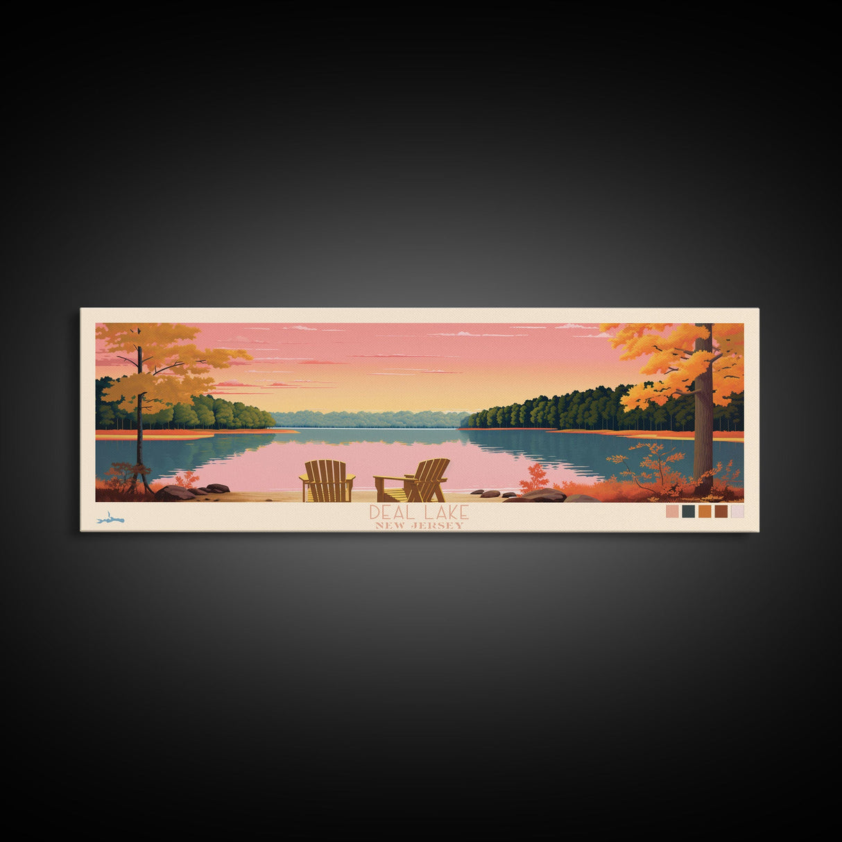 Deal Lake New Jersey Framed Canvas Print, Midcentury Modern Panoramic Wall Art, Living Room Decor, Pop Art, Travel Poster Art, Scenic Nature Painting