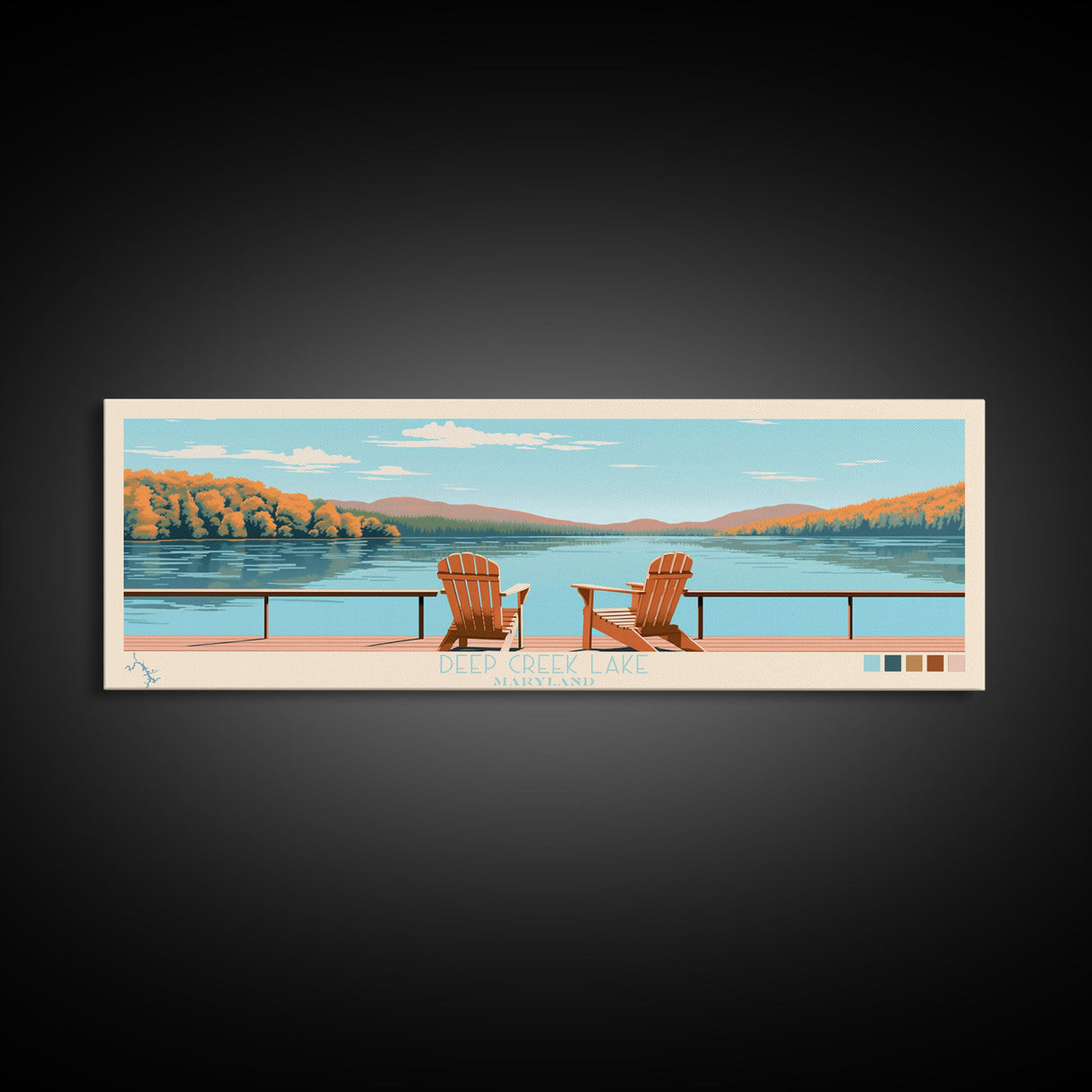 Deep Creek Lake Maryland Framed Canvas Print, Midcentury Modern Panoramic Wall Art, Living Room Decor, Pop Art, Travel Poster Art, Scenic Nature Painting