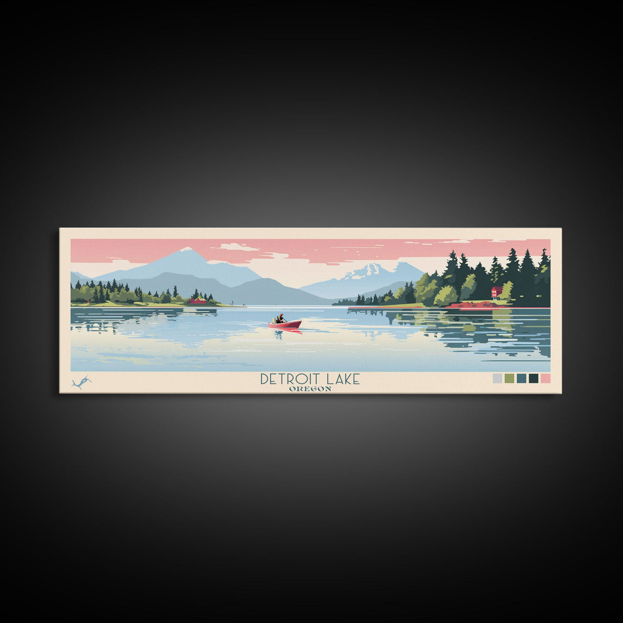 Detroit Lake Oregon Framed Canvas Print, Midcentury Modern Panoramic Wall Art, Bedroom Decor, Pop Art, Travel Poster Art, Scenic Nature Painting