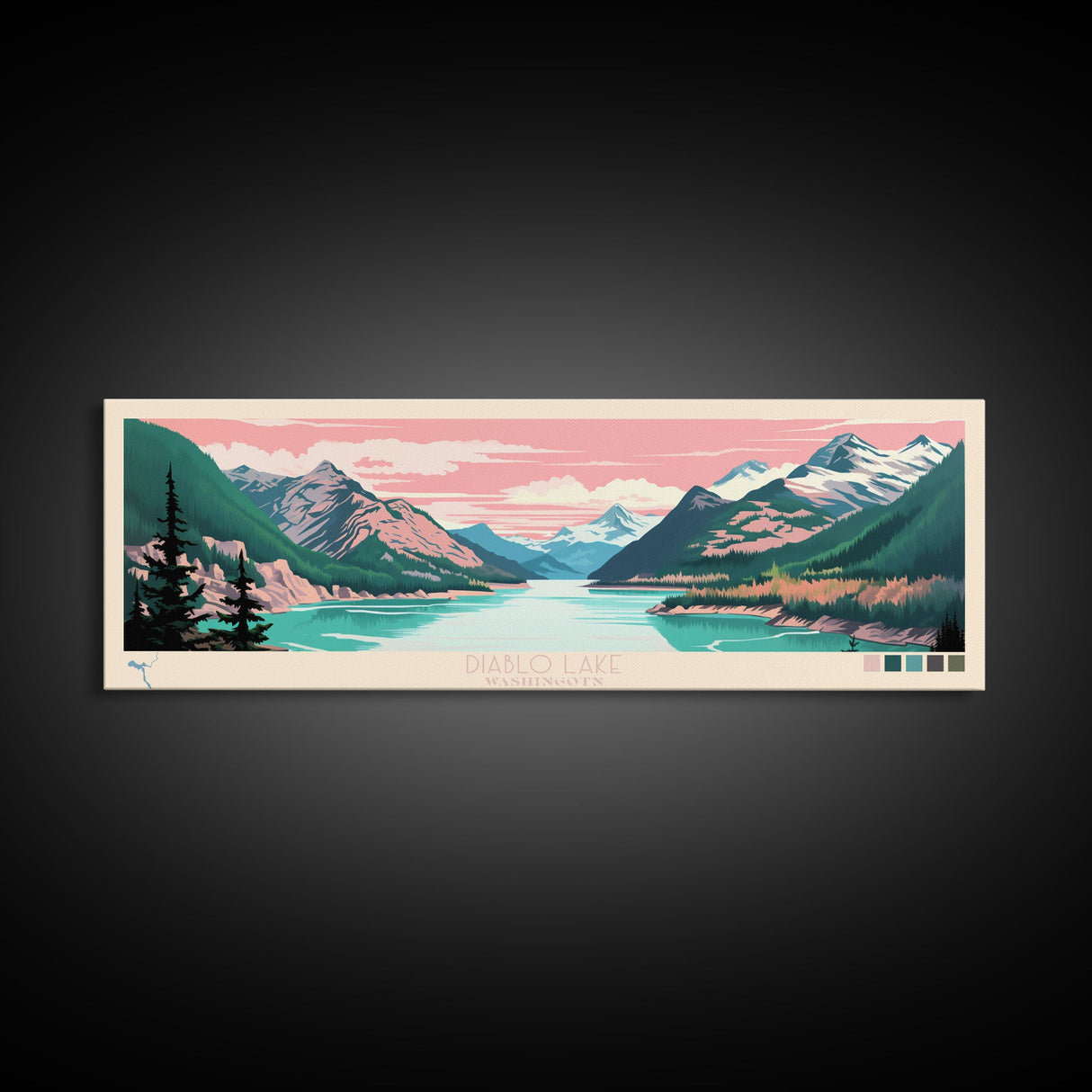 Diablo Lake Washington Framed Canvas Print, Midcentury Modern Panoramic Wall Art, Bedroom Decor, Pop Art, Travel Poster Art, Scenic Nature Painting