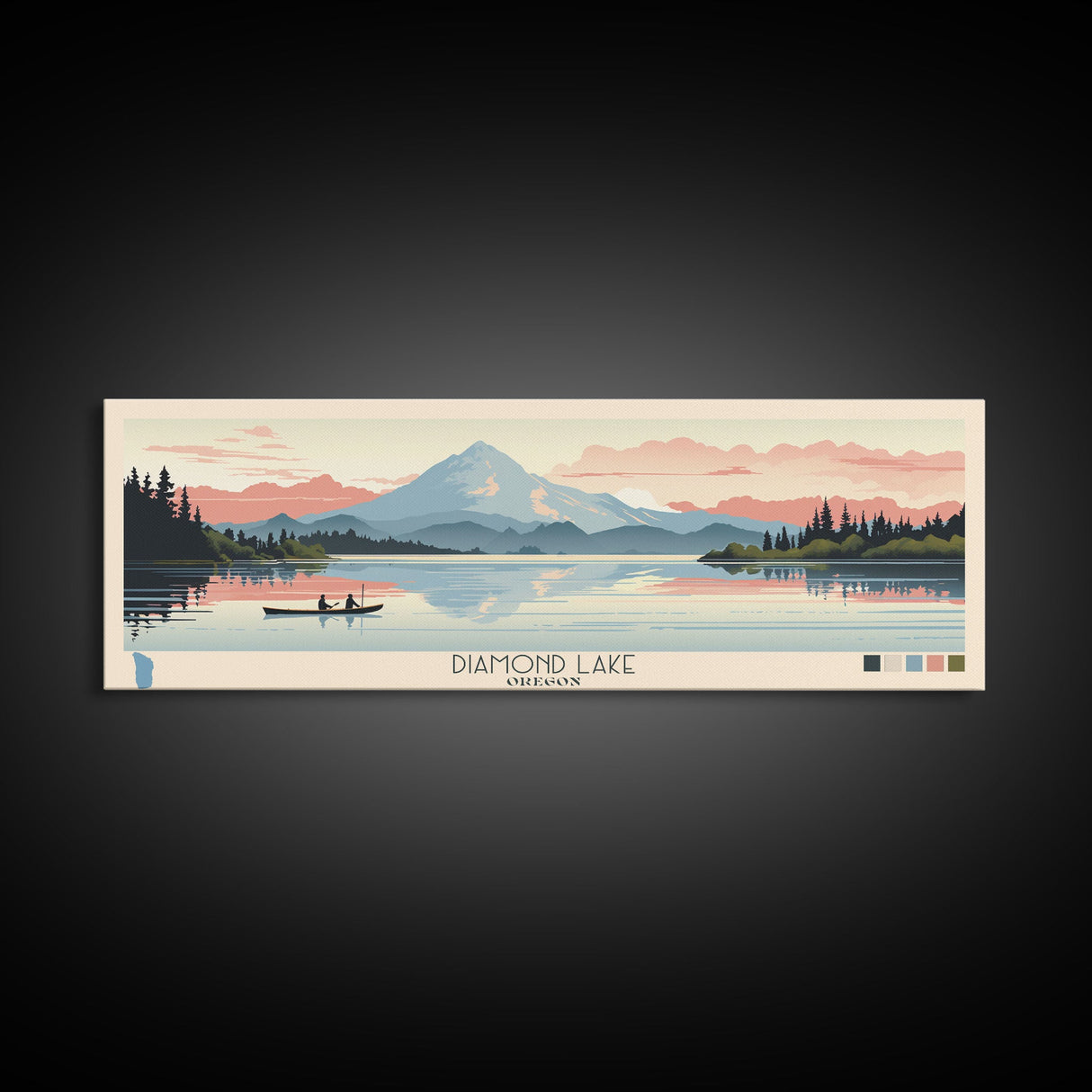 Diamond Lake Oregon Framed Canvas Print, Midcentury Modern Panoramic Wall Art, Bedroom Decor, Pop Art, Travel Poster Art, Scenic Nature Painting