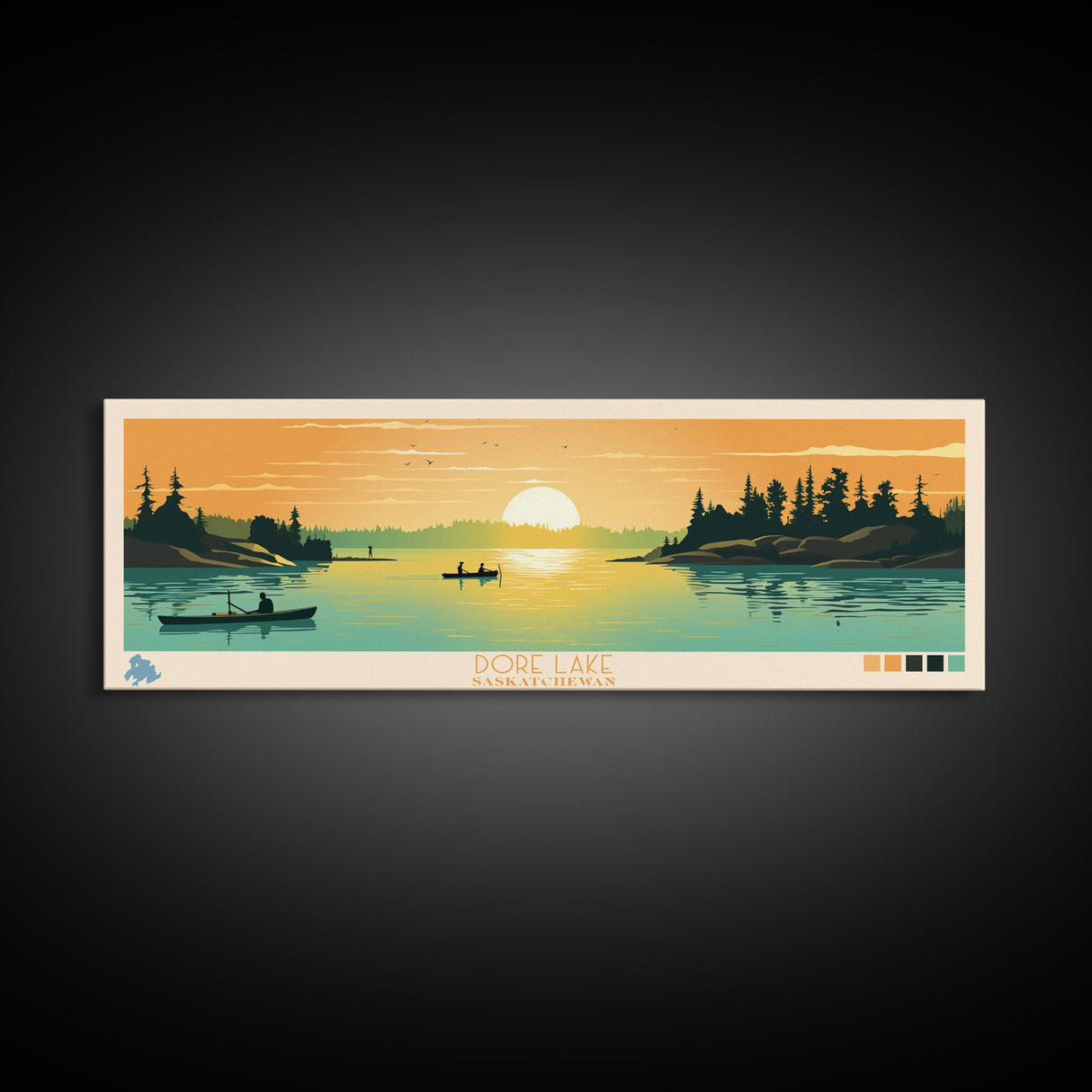 Dore Lake Saskatchewan Framed Canvas Print, Midcentury Modern Panoramic Wall Art, Living Room Decor, Pop Art, Travel Poster Art, Scenic Nature Painting