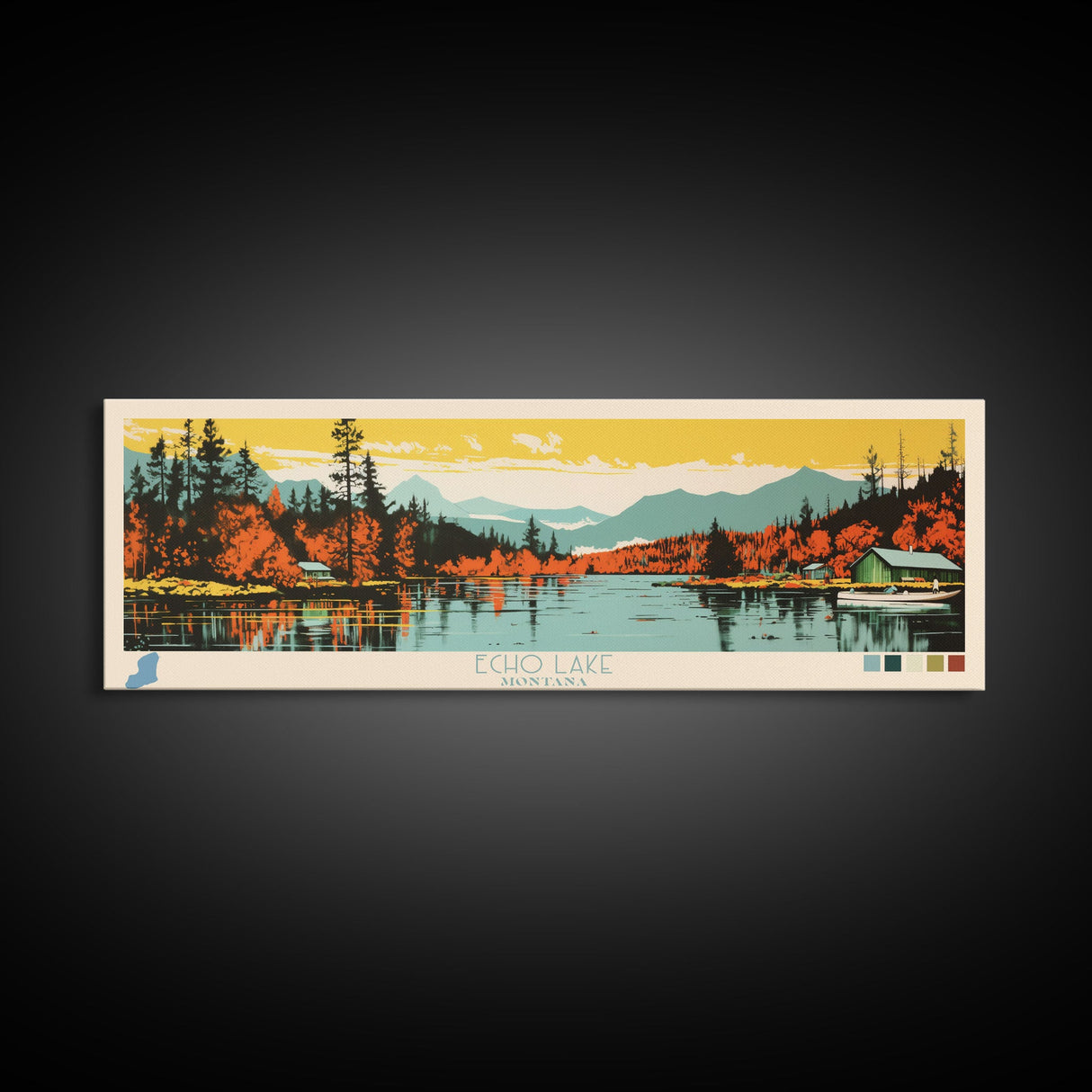 Echo Lake Montana Framed Canvas Print, Panoramic Wall Art, Midcentury Modern, Pop Art, Living Room Decor, Travel Poster, Nature Art