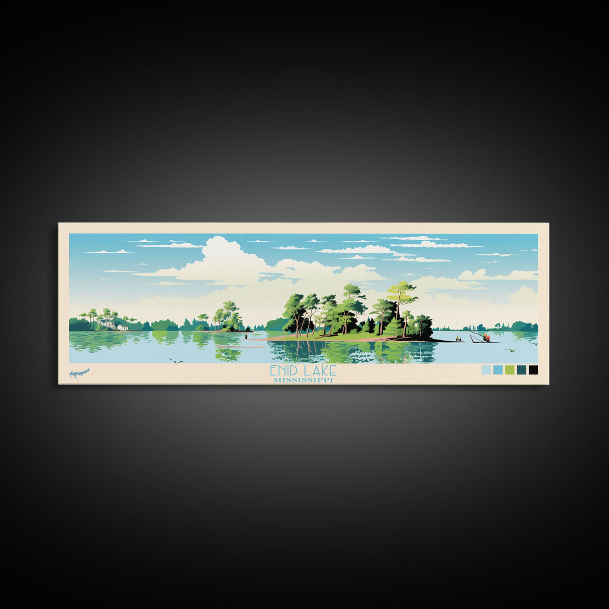 Enid Lake Mississippi Framed Canvas Print, Panoramic Art, Midcentury Modern, Pop Art, Living Room Decor, Travel Poster, Lake Painting