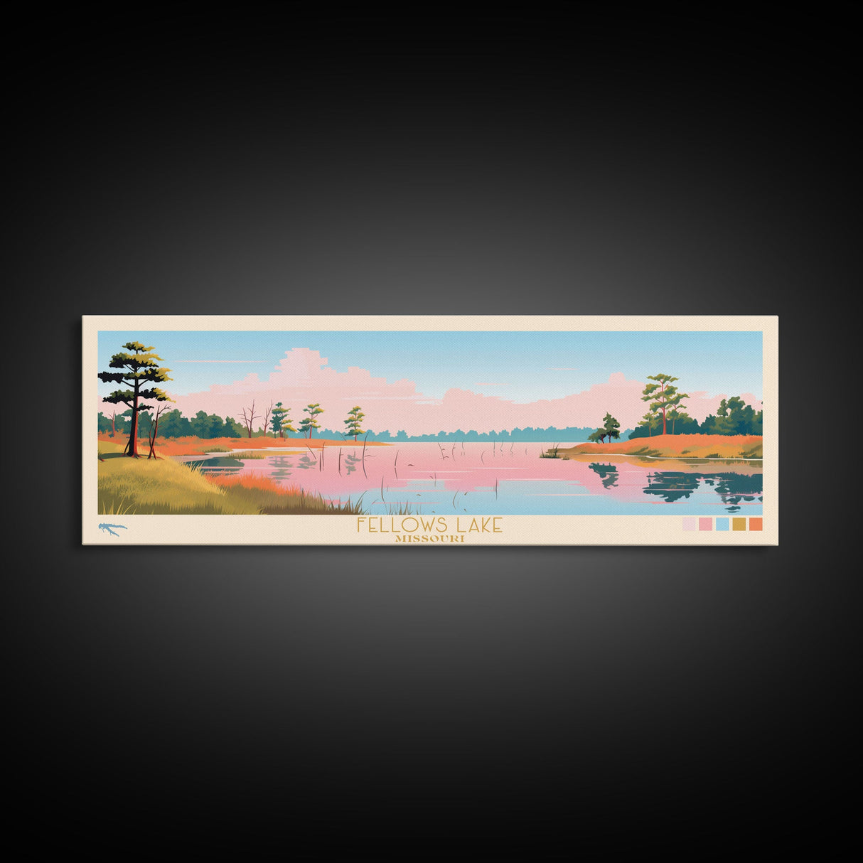 Fellows Lake Missouri Framed Canvas Print, Panoramic Wall Art, Midcentury Modern, Pop Art, Bedroom Decor, Travel Poster, Artistic Decor, Nature Painting