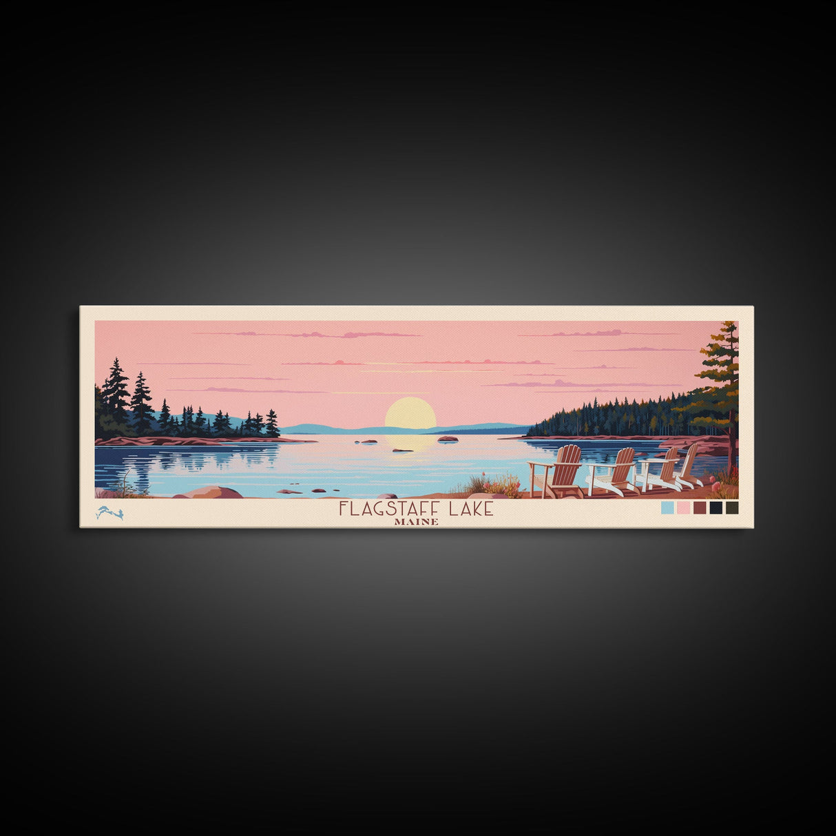 Flagstaff Lake Maine Framed Canvas Print, Panoramic Wall Art, Midcentury Modern, Pop Art, Bedroom Decor, Travel Poster, Artistic Decor, Lake View