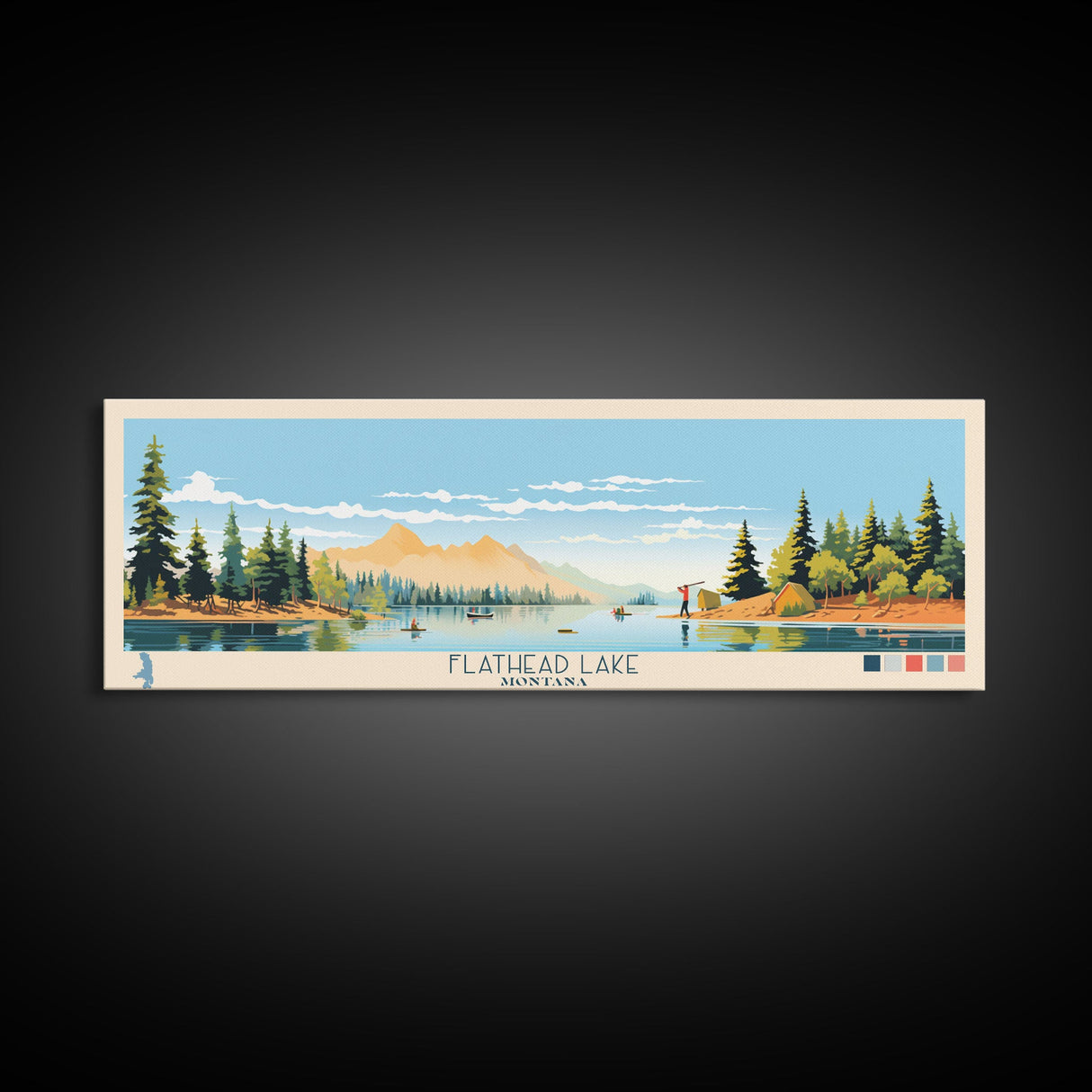 Flathead Lake Montana Framed Canvas Print, Panoramic Wall Art, Midcentury Modern, Pop Art, Bedroom Decor, Travel Poster, Nature Painting, Artistic Decor