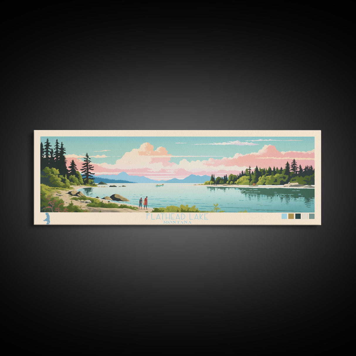 Flathead Lake Montana Framed Canvas Print, Panoramic Art, Midcentury Modern, Pop Art, Living Room Wall Art, Travel Poster, Lake View, Home Decor