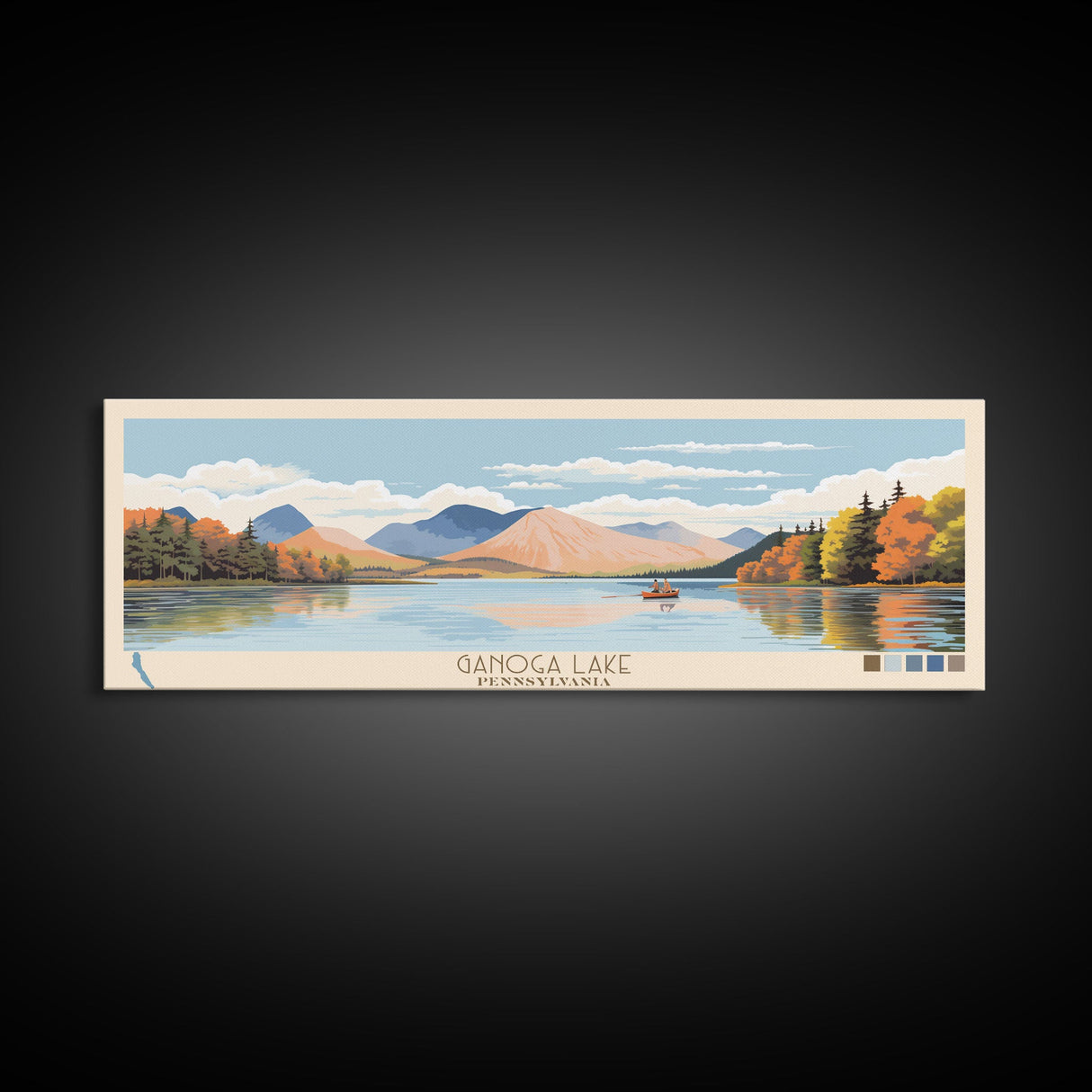 Ganoga Lake Pennsylvania Framed Canvas Print, Panoramic Art, Midcentury Modern, Pop Art, Living Room Wall Art, Travel Poster, Nature Painting, Home Decor