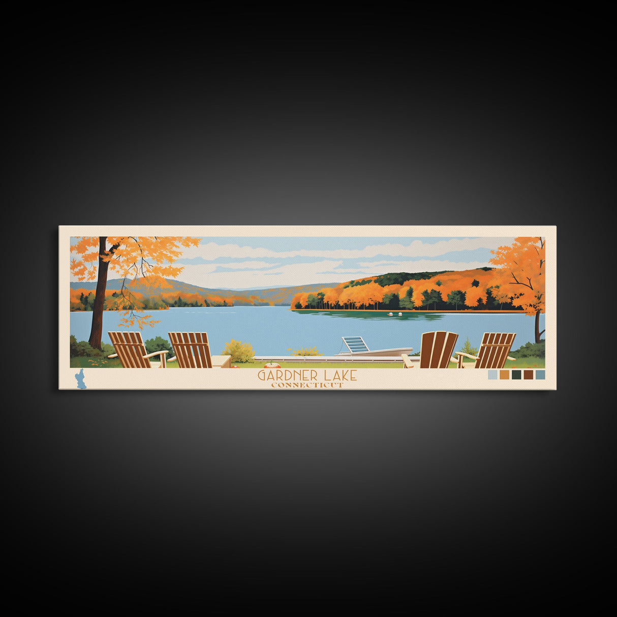 Gardner Lake Connecticut Framed Canvas Print, Panoramic Wall Art, Midcentury Modern, Pop Art, Bedroom Decor, Travel Poster, Lake View, Artistic Decor