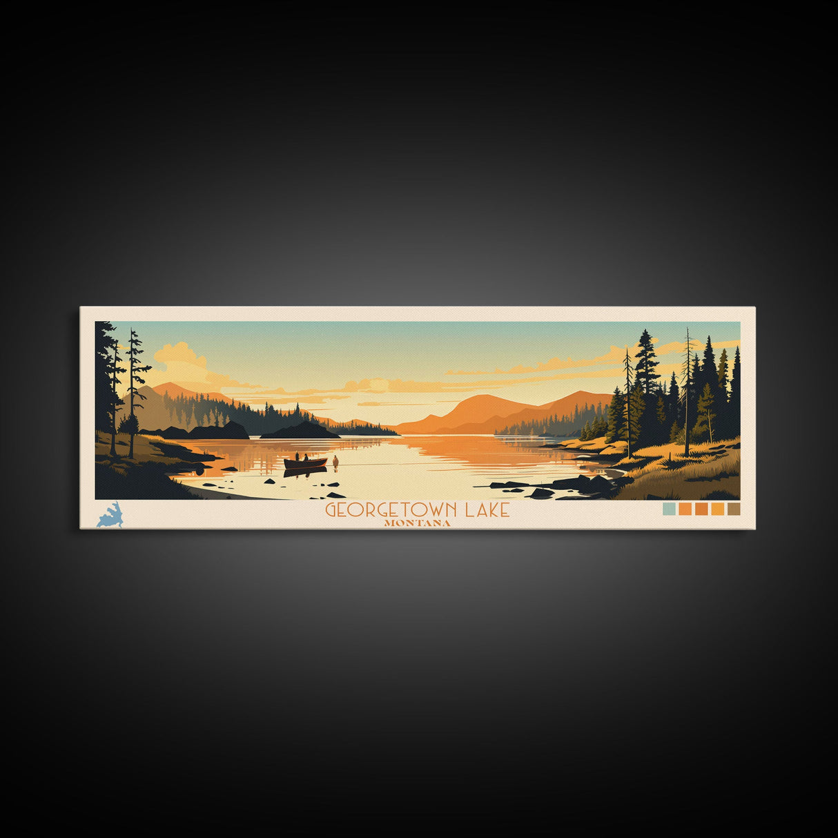 Georgetown Lake Montana Framed Canvas Print, Panoramic Wall Art, Midcentury Modern, Pop Art, Living Room Decor, Travel Poster, Nature Art, Lake House Art