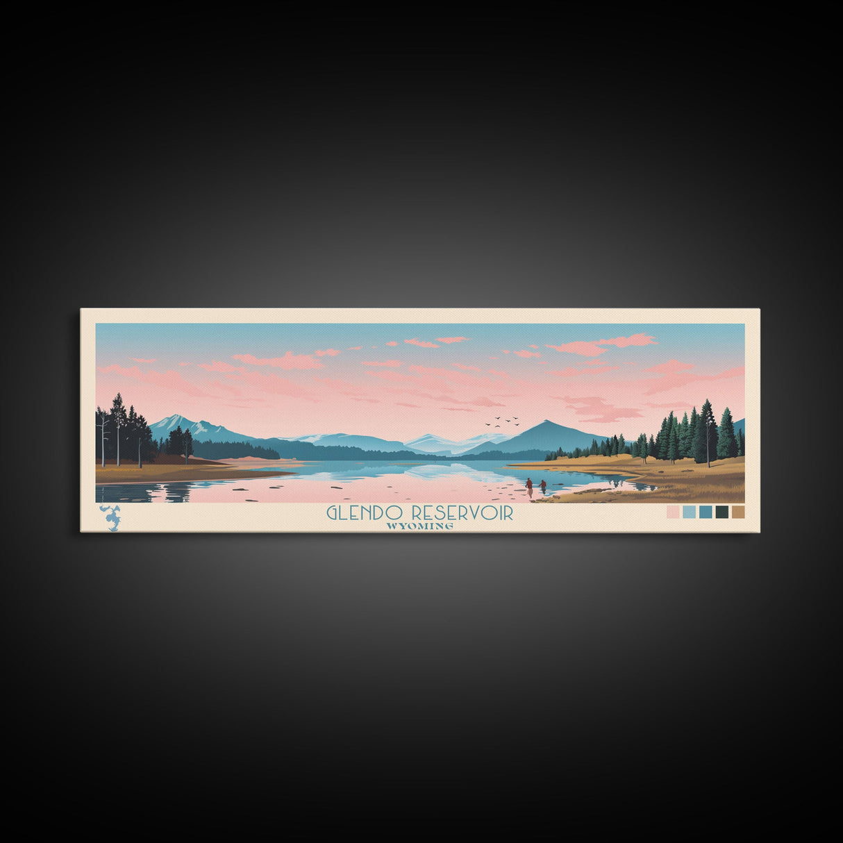 Glendo Reservoir Wyoming Framed Canvas Print, Panoramic Art, Midcentury Modern, Pop Art, Bedroom Decor, Travel Poster, Nature Painting, Home Decor