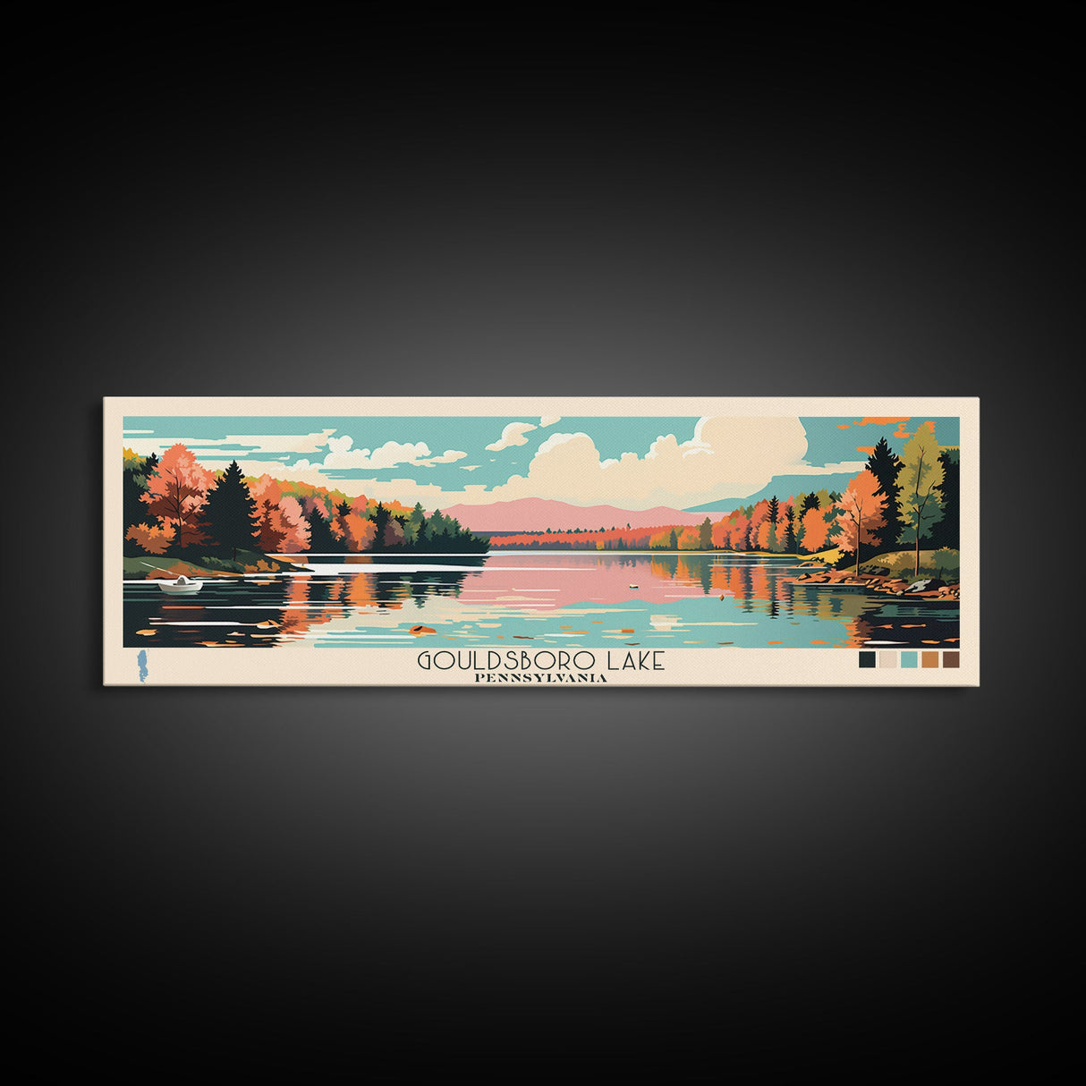 Gouldsboro Lake Pennsylvania Framed Canvas Print, Panoramic Wall Art, Midcentury Modern, Pop Art, Living Room Wall Art, Travel Poster, Nature Painting, Home Decor