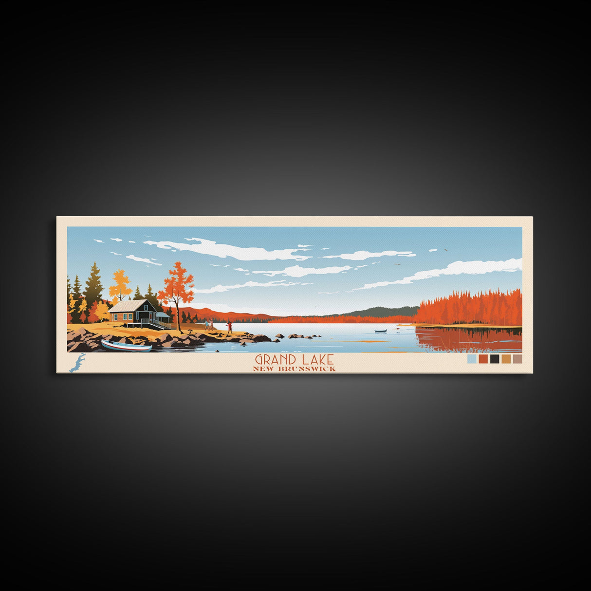 Grand Lake Canada New Brunswick Framed Canvas Print, Panoramic Art, Midcentury Modern, Pop Art, Bedroom Decor, Travel Poster, Lake House Art, Wall Art