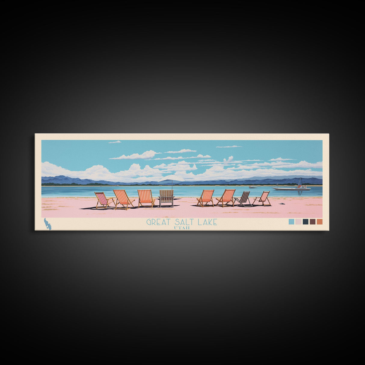 Great Salt Lake Utah Framed Canvas Print, Panoramic Wall Art, Midcentury Modern, Pop Art, Living Room Wall Art, Travel Poster, Nature Art, Artistic Decor