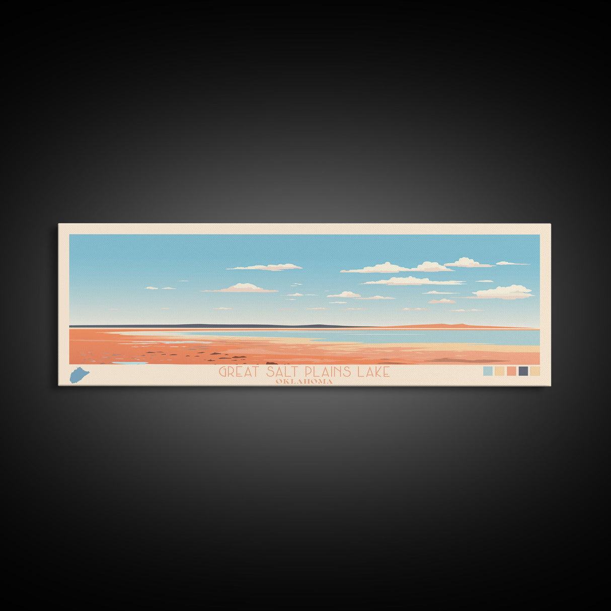 Great Salt Plains Lake Oklahoma Framed Canvas Print, Panoramic Art, Midcentury Modern, Pop Art, Bedroom Decor, Travel Poster, Lake House Art, Wall Art