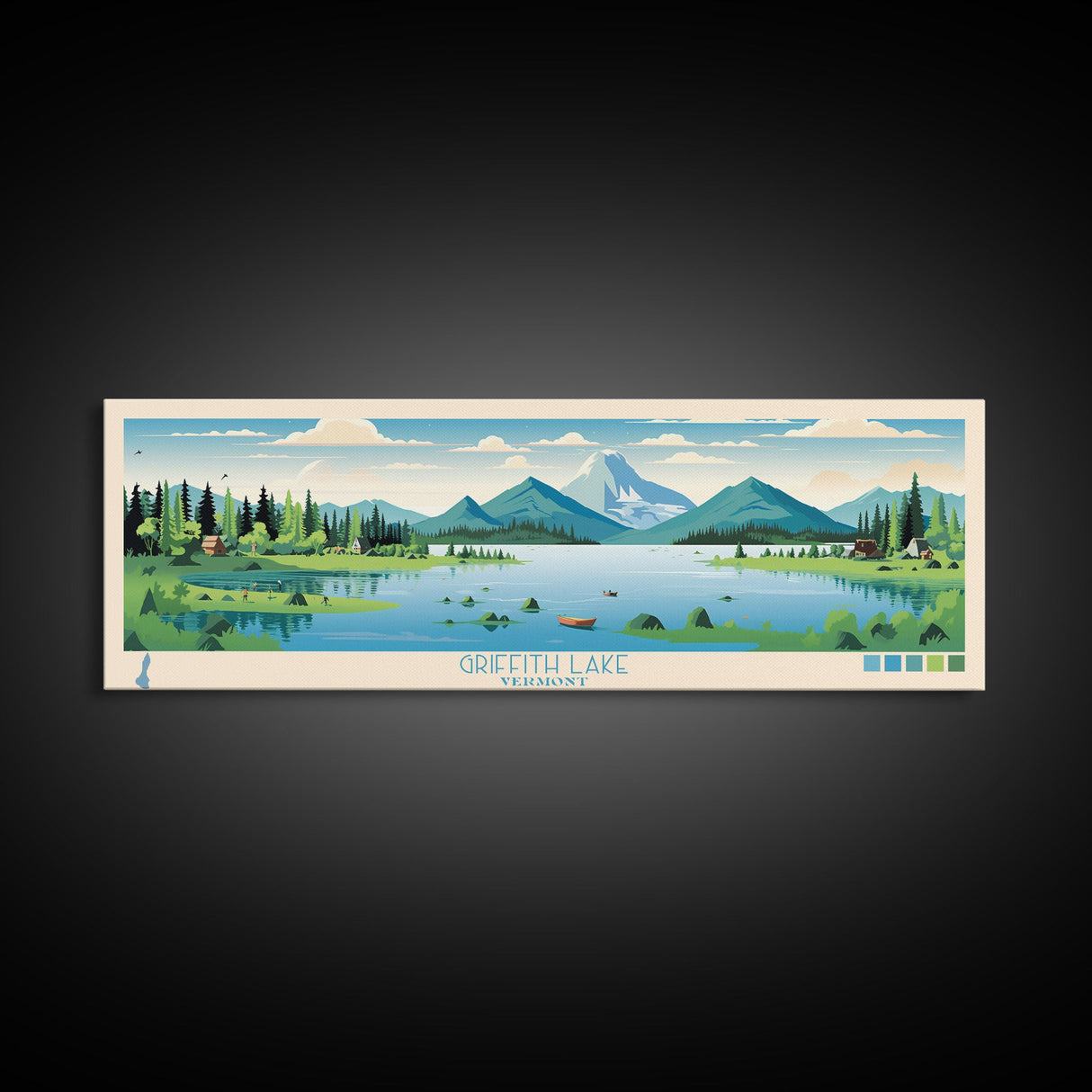 Griffith Lake Vermont Framed Canvas Print, Panoramic Wall Art, Midcentury Modern, Pop Art, Living Room Wall Art, Travel Poster, Lake View, Nature Art