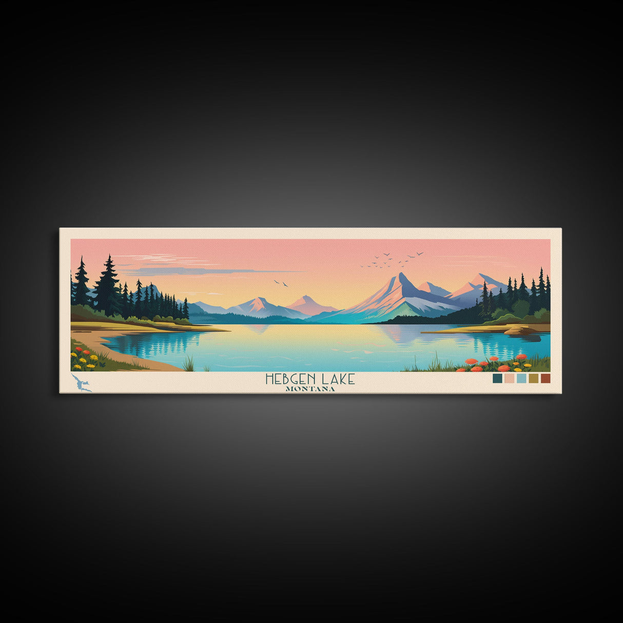 Hebgen Lake Montana Framed Canvas Print, Panoramic Wall Art, Midcentury Modern, Pop Art, Living Room Decor, Travel Poster, Nature Art, Lake House Art