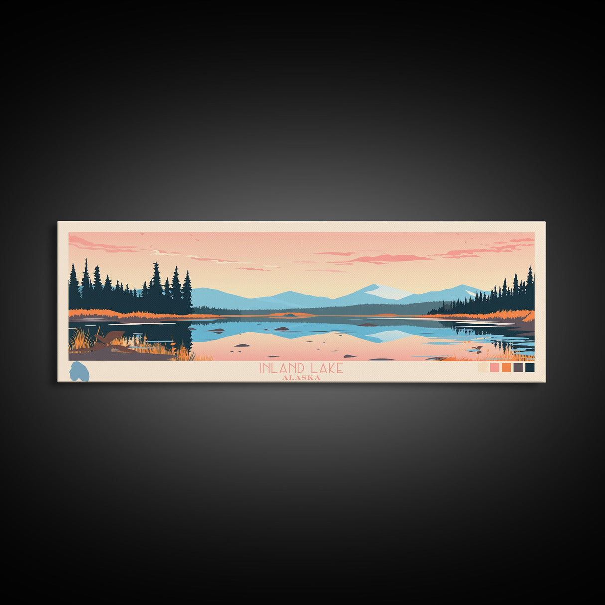 Inland Lake Alaska Framed Canvas Print, Panoramic Wall Art, Midcentury Modern, Pop Art, Bedroom Art, Travel Poster, Home Decor