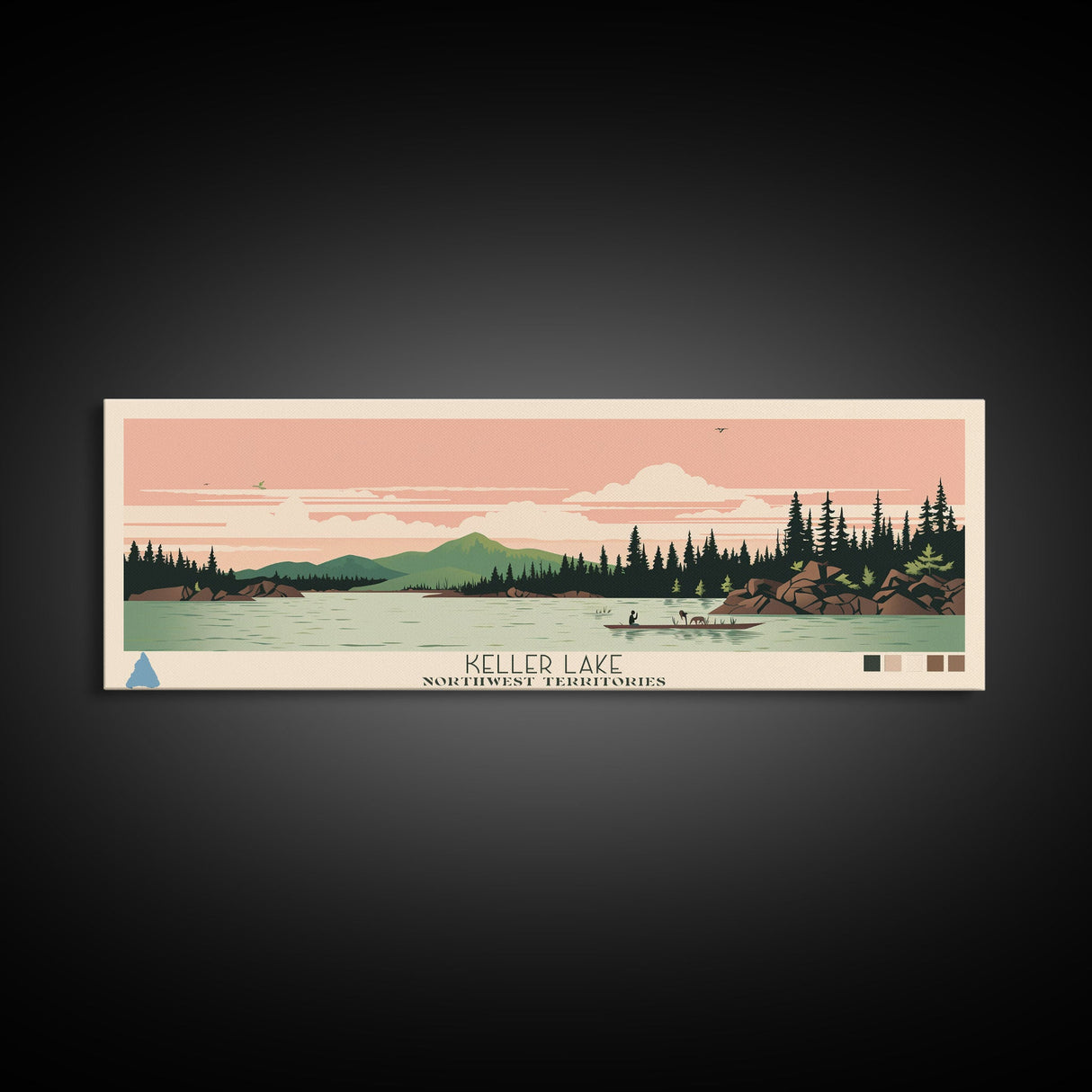 Keller Lake Northwest Territories Framed Canvas Print, Panoramic Art, Midcentury Modern, Pop Art, Living Room Wall Art, Travel Poster, Lake House Art